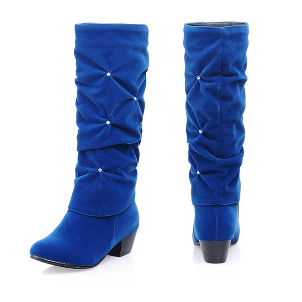 GIY Women's Slouch Mid Calf Riding Boots - Rhinestone Suede Round Toe Fashion Boots with Low Heel for Comfort | Perfect for Casual Outfits, Office Wear & Date Nights