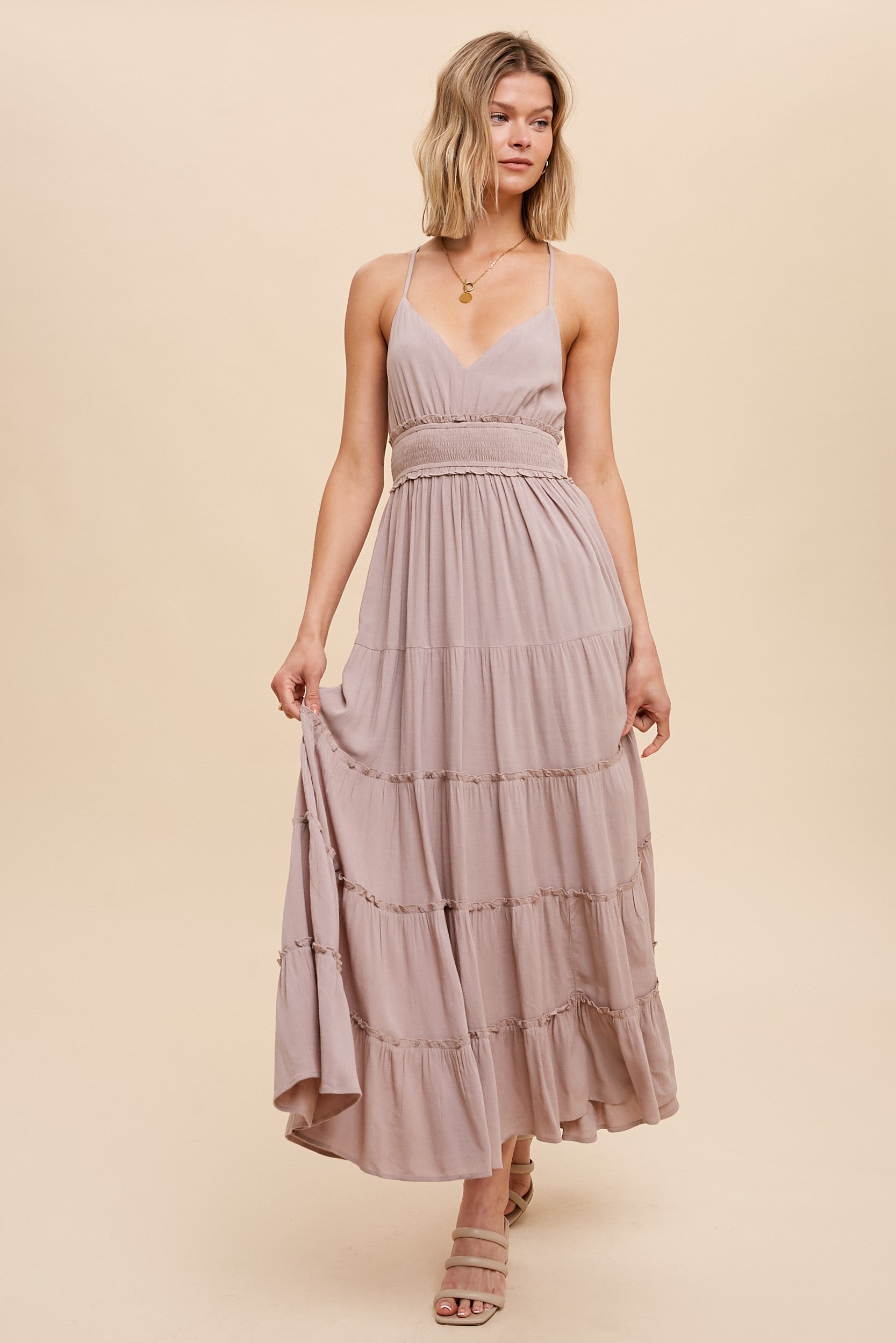 Beige Cross Tie Back Cami Maxi Dress for Women - Elegant Summer Beach Wedding Party Dress with Flowy Long Skirt & Adjustable Straps | Perfect for Vacations, Date Nights & Special Occasions