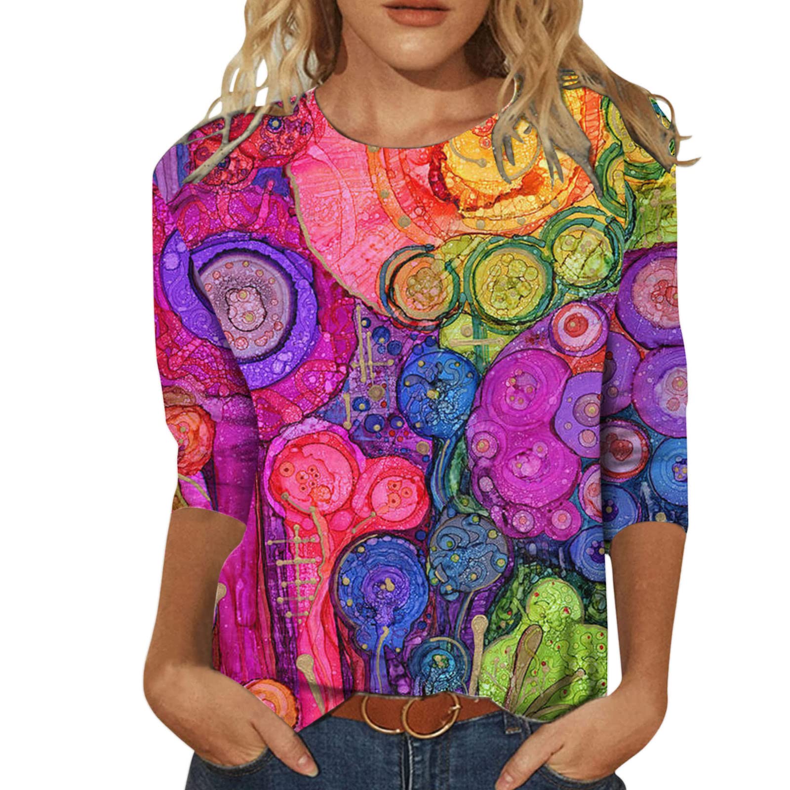 Women's Trendy 3/4 Sleeve Round Neck Tunic Tops - Soft Casual Loose Blouse with Y2K Landscape Print | Perfect for Work, Date Night & Weekend Outfits 2023