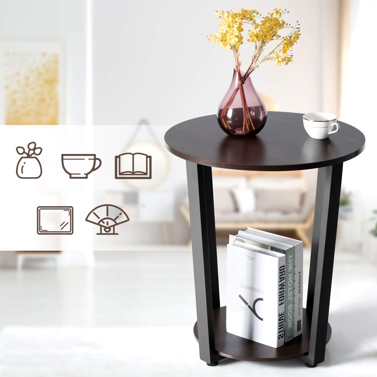 Tangkula 2-Tier Round End Table with Storage Shelf - Industrial Style Metal Sofa Side Table for Living Room, Bedroom & Office - Espresso Finish - Perfect for Small Spaces & Home Decor