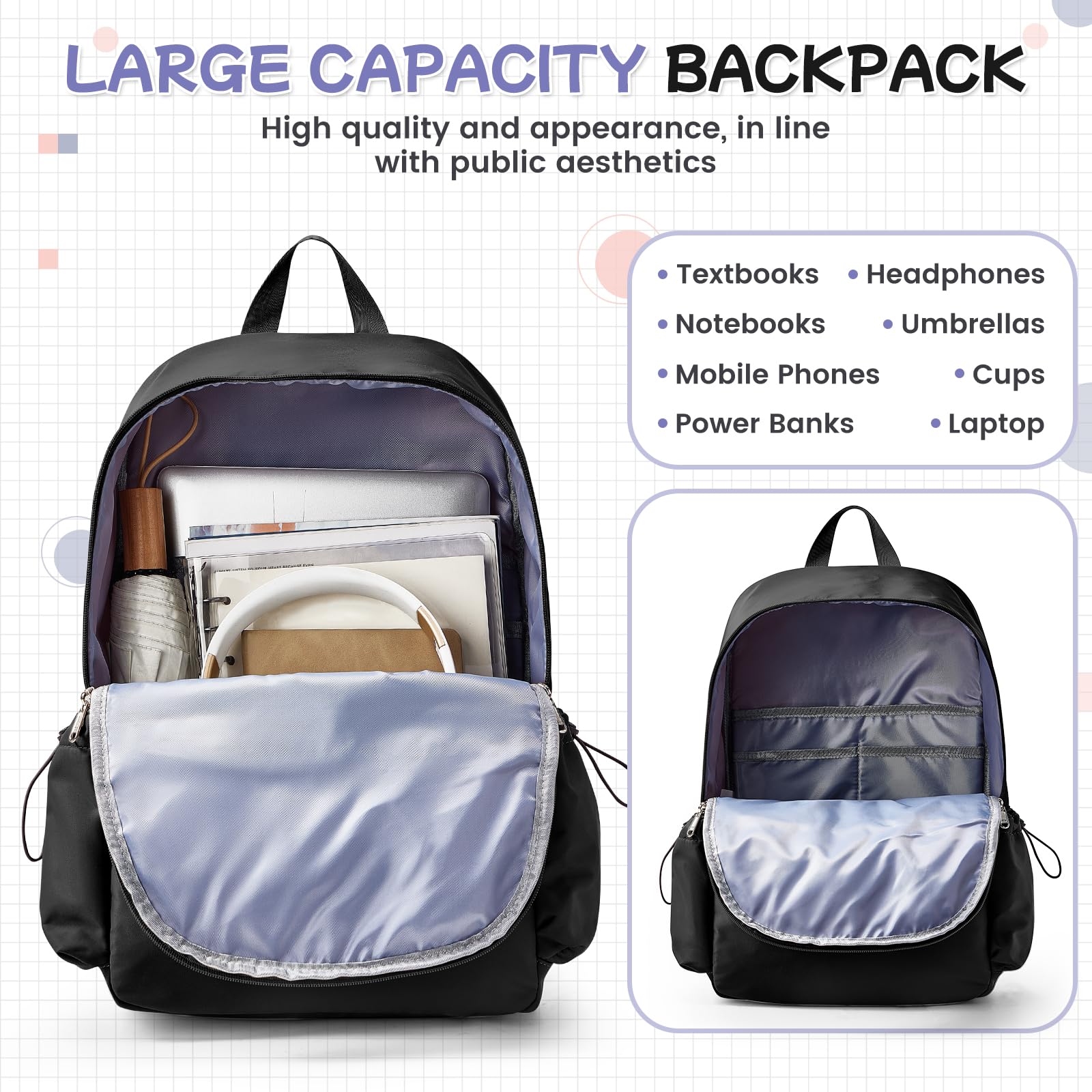 Stylish Black Laptop Backpack for Women & Men - Waterproof Travel Backpack with Anti-Theft Design, USB Charging Port & Laptop Compartment (Fits 15.6