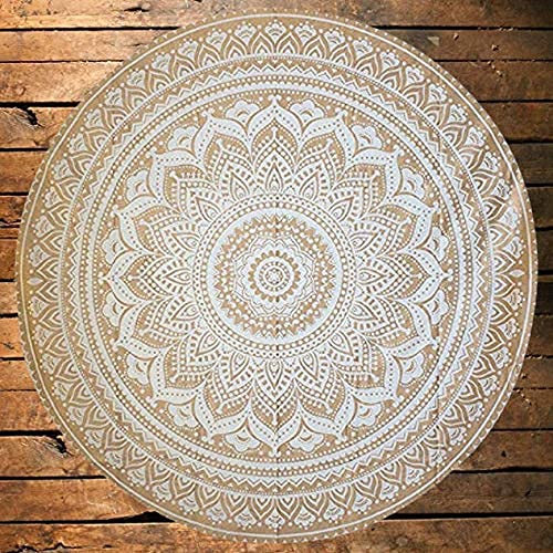 Rajsthani Art Decor 2 Seater Round Table Cloth Cover - 100% Cotton Blue Gold Mandala Tapestry Throw Mat (48 Inches, White Gold) - Perfect for Boho Home Decor, Dining Room, and Outdoor Picnics