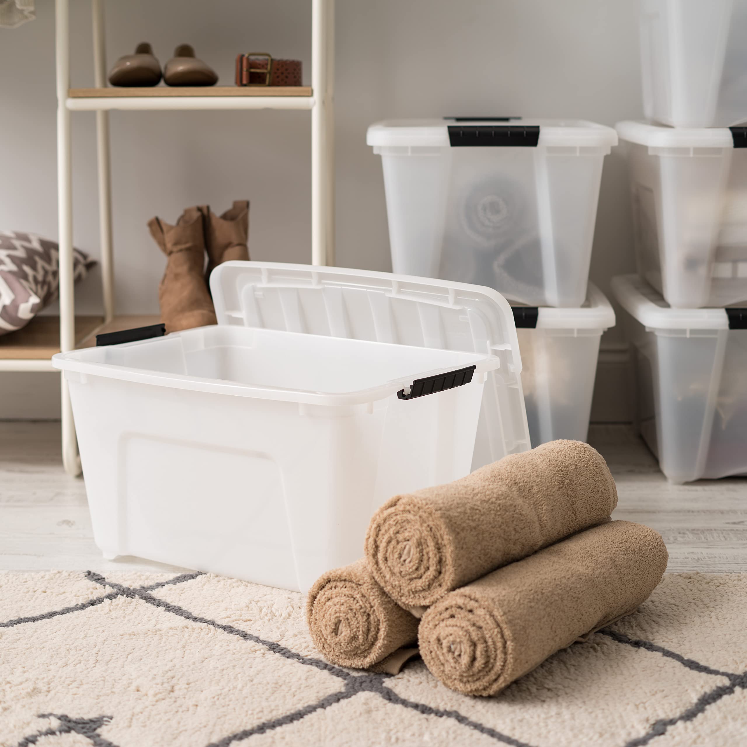 IRIS USA 32 Qt Stackable Plastic Storage Bins with Lids, 4 Pack - BPA-Free, Made in USA - Durable Nestable Containers with Secure Pull Handles & Latches - Perfect for Home Organization, Closet Storage, and Garage Shelving