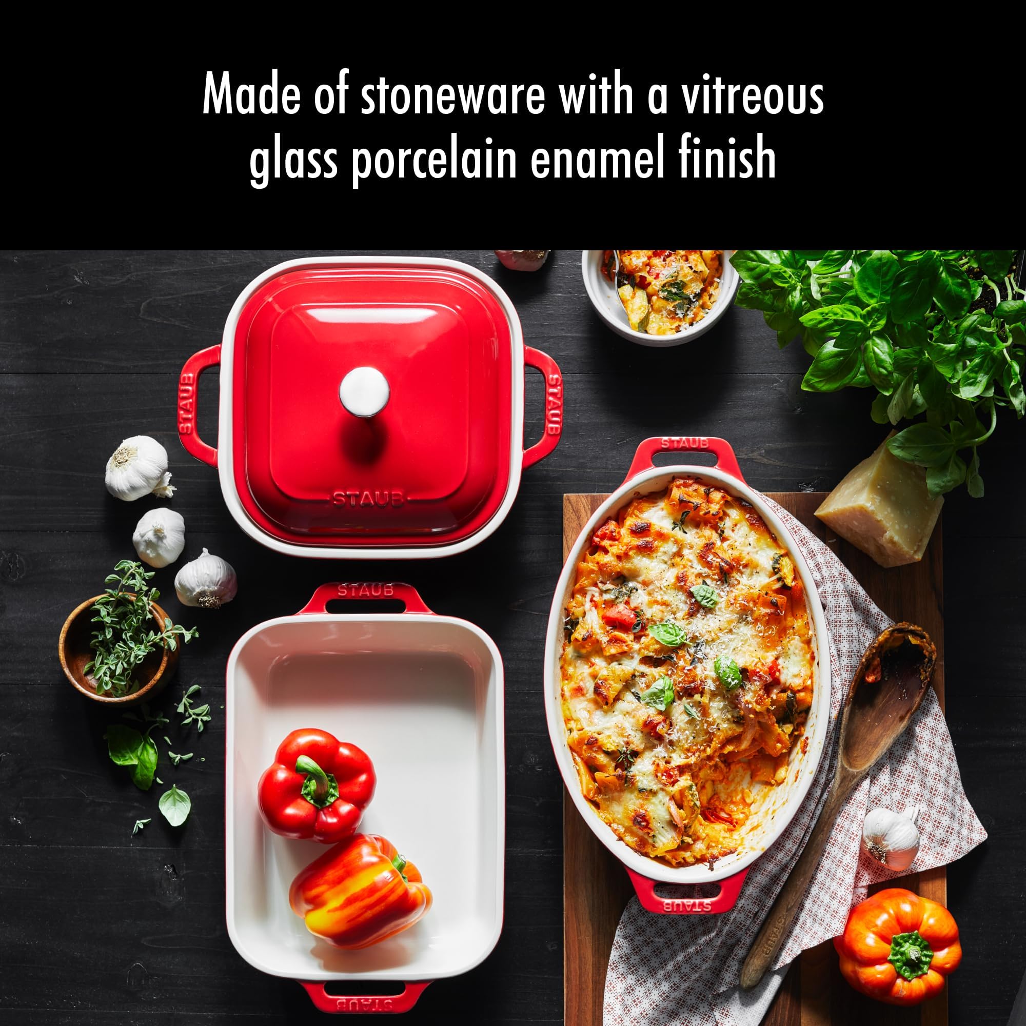 Staub Ceramic 4-Piece Baking Set - Casserole Dish with Lid, Brownie Pan, Cherry Red | Perfect for Oven Baking, Casseroles, Brownies & Desserts