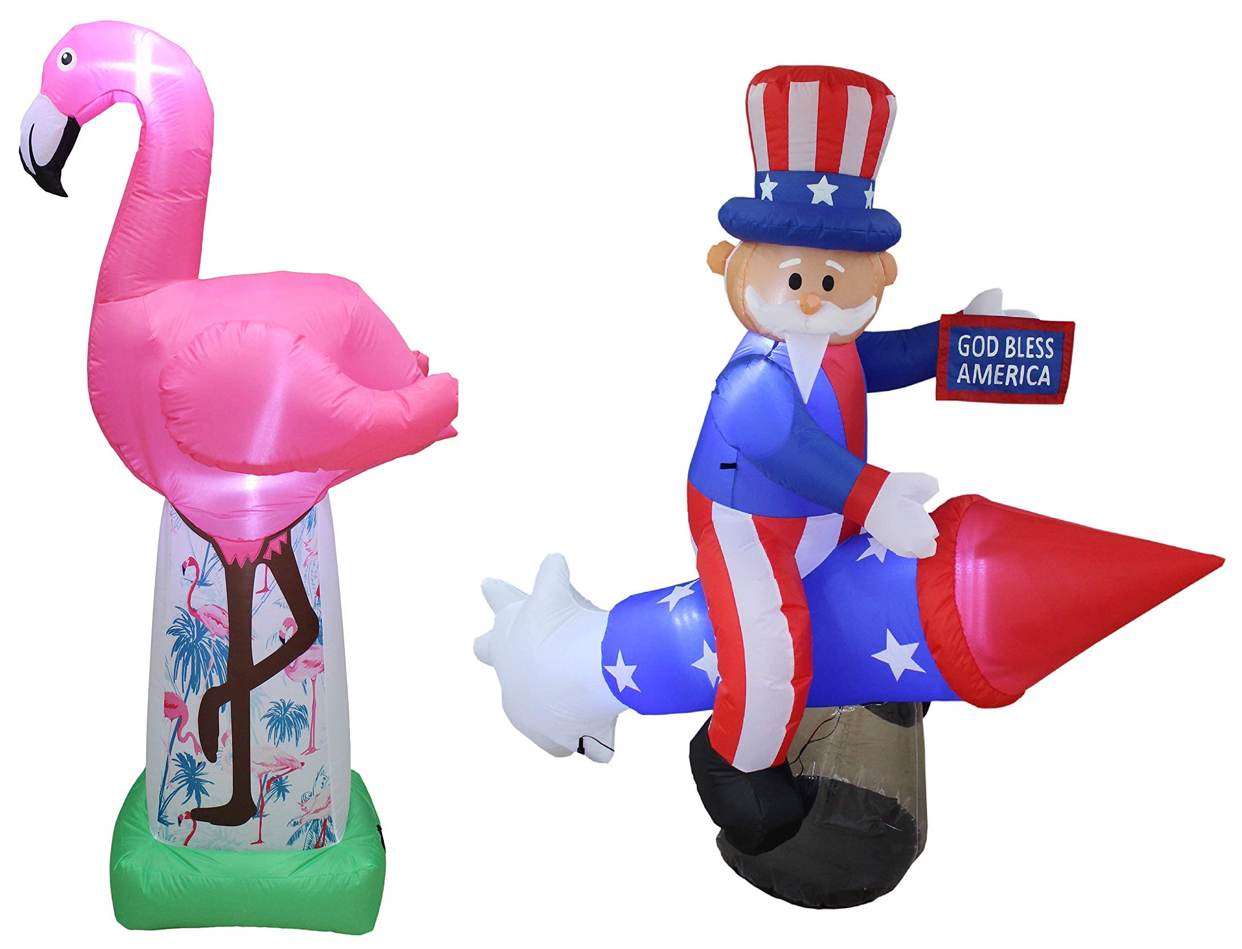 6ft Tall Inflatable Pink Flamingo & 6ft Long Inflatable Uncle Sam on Rocket - Summer & 4th of July Patriotic Party Decorations Bundle for Backyard, Pool Parties & Independence Day Celebrations