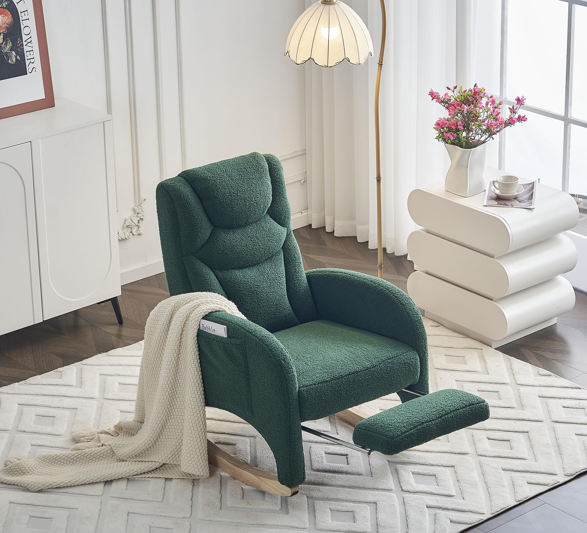 Hommoo Modern Teddy Fabric Rocking Chair with Adjustable Footrest - High Back Nursery Glider Rocker for Mom and Baby, Green Upholstered Accent Chair - Perfect for Nursery, Living Room & Bedroom Relaxation