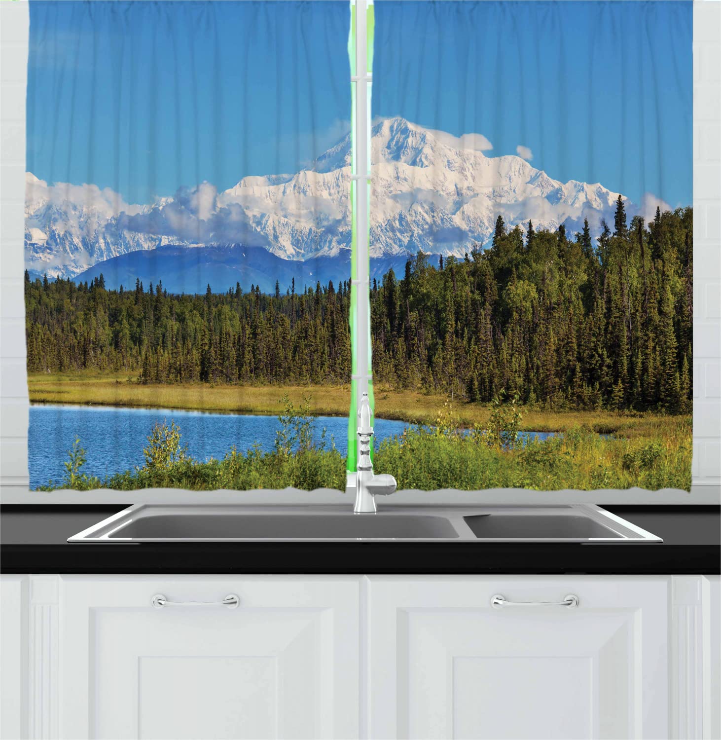 Ambesonne Alaska Long Kitchen Curtains - Snow Covered McKinley Mountain Spring Scenery with Vibrant Forest Print, 2 Panel Rod Pocket Drapes for Windows (55x45 Inches, Forest Green White Blue) - Perfect for Cozy Cabins, Rustic Kitchens & Nature-Inspired Home Decor