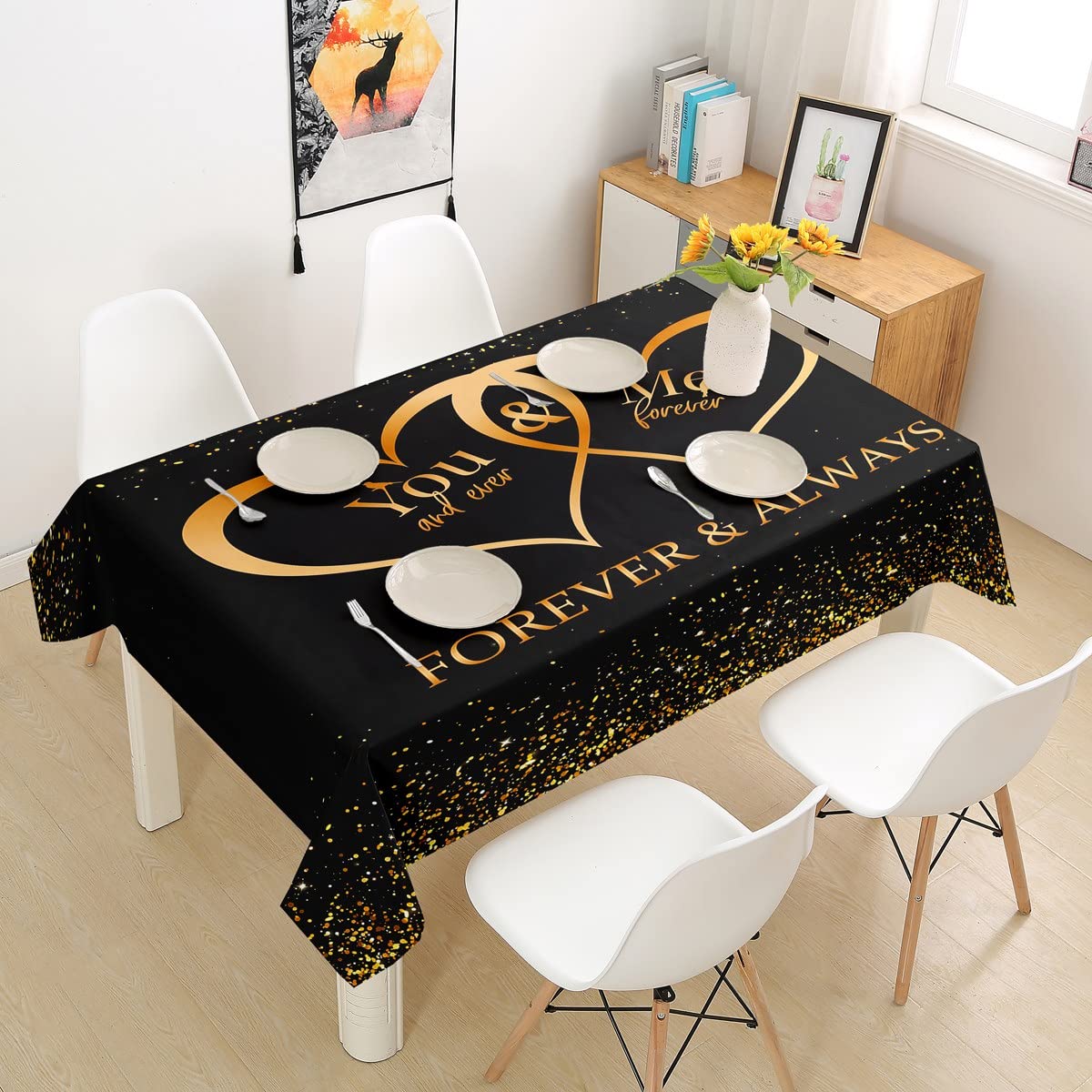 Golden Heart Waterproof Tablecloth for Square Tables - 55x55 Inch Lover Couple Kitchen Dining Room Table Cover - Perfect for Romantic Dinners and Special Occasions
