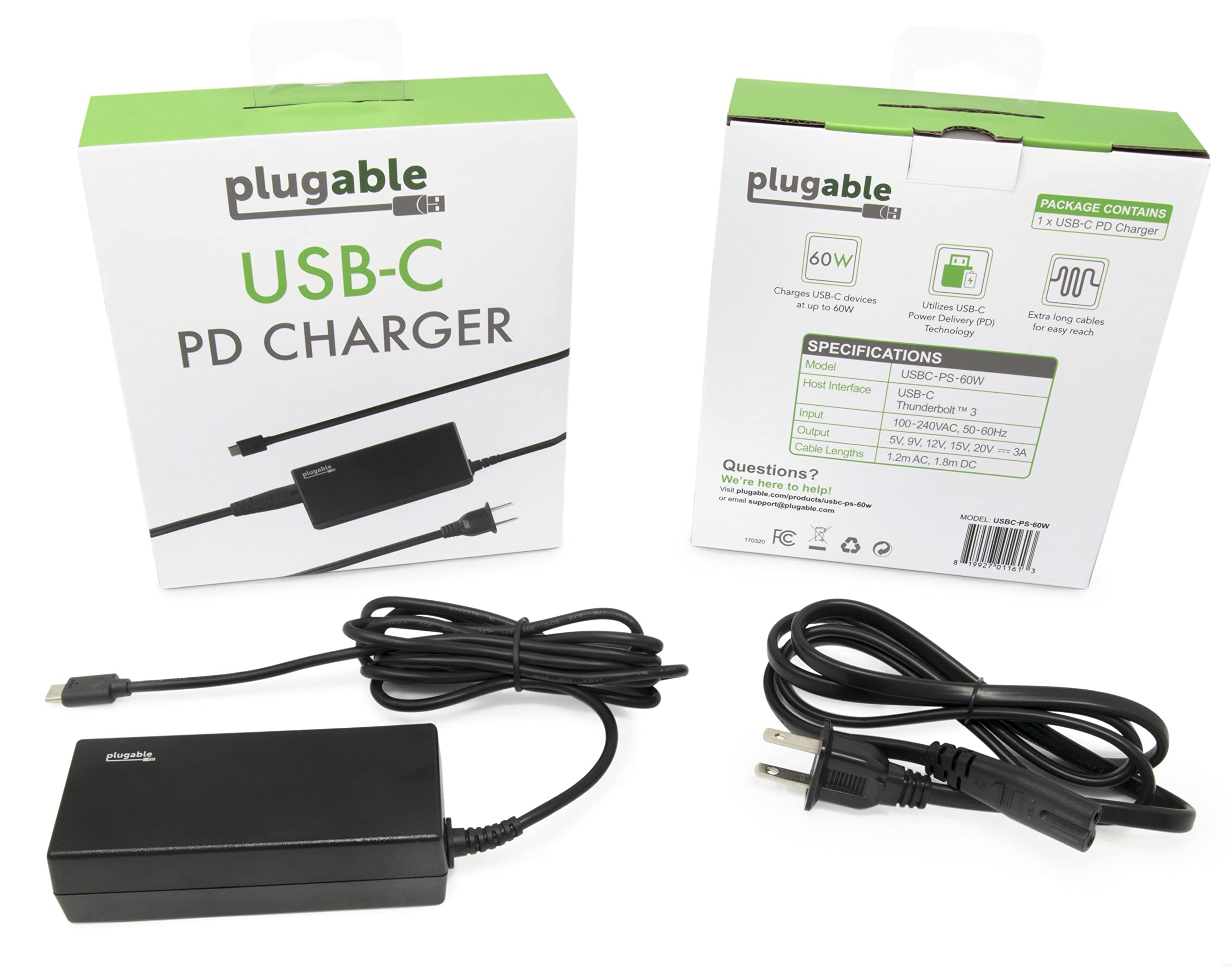 Plugable 60W USB-C Laptop Charger Replacement - Fast Charging Type C Power Adapter for Chromebooks (Samsung/HP/Dell/Lenovo/Acer/Asus) - Perfect for Home, Office & Travel Use