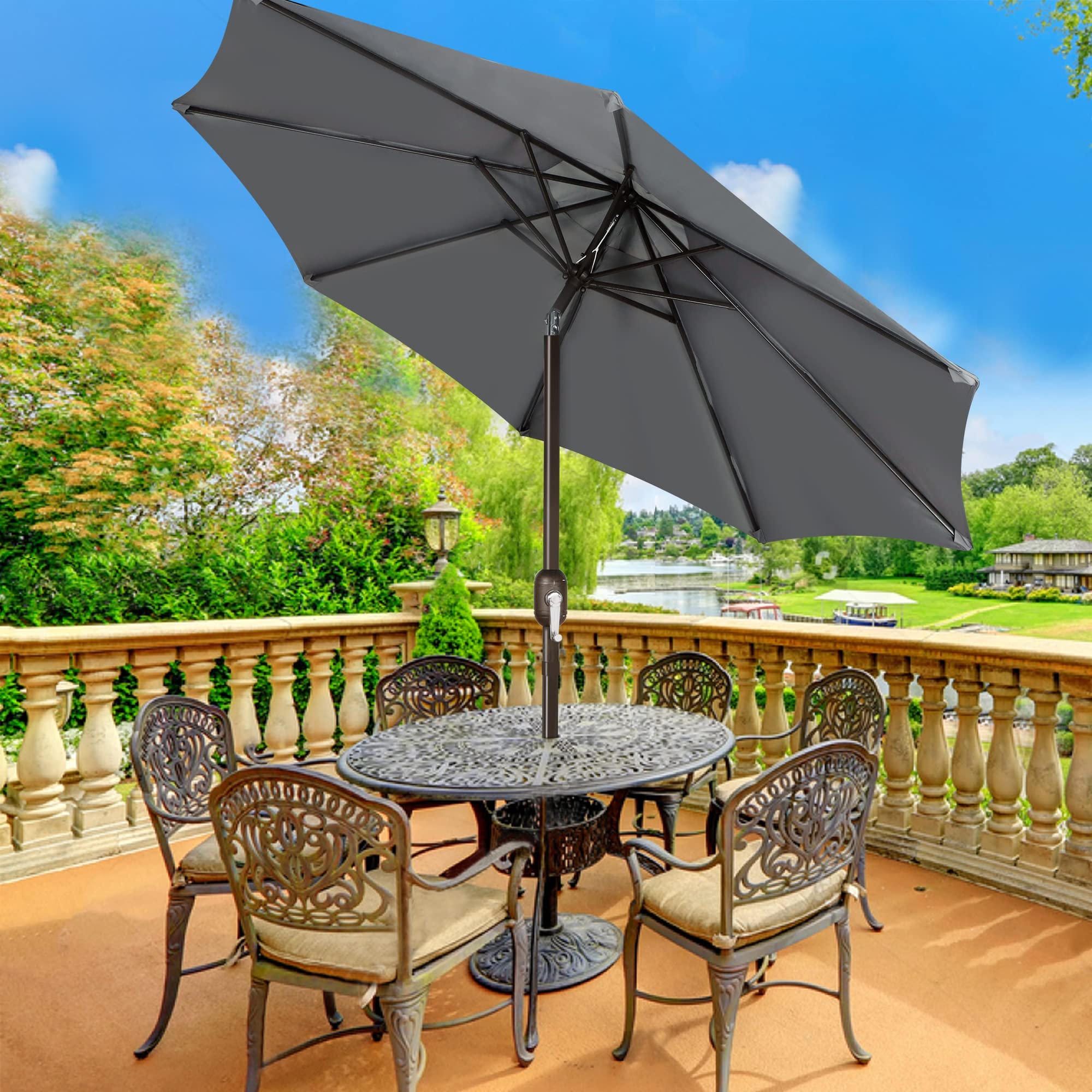Blissun 9' Outdoor Patio Umbrella with 8 Sturdy Ribs - Push Button Tilt & Crank - Waterproof Sun Shade for Garden, Poolside, Backyard, Restaurant (Beige)