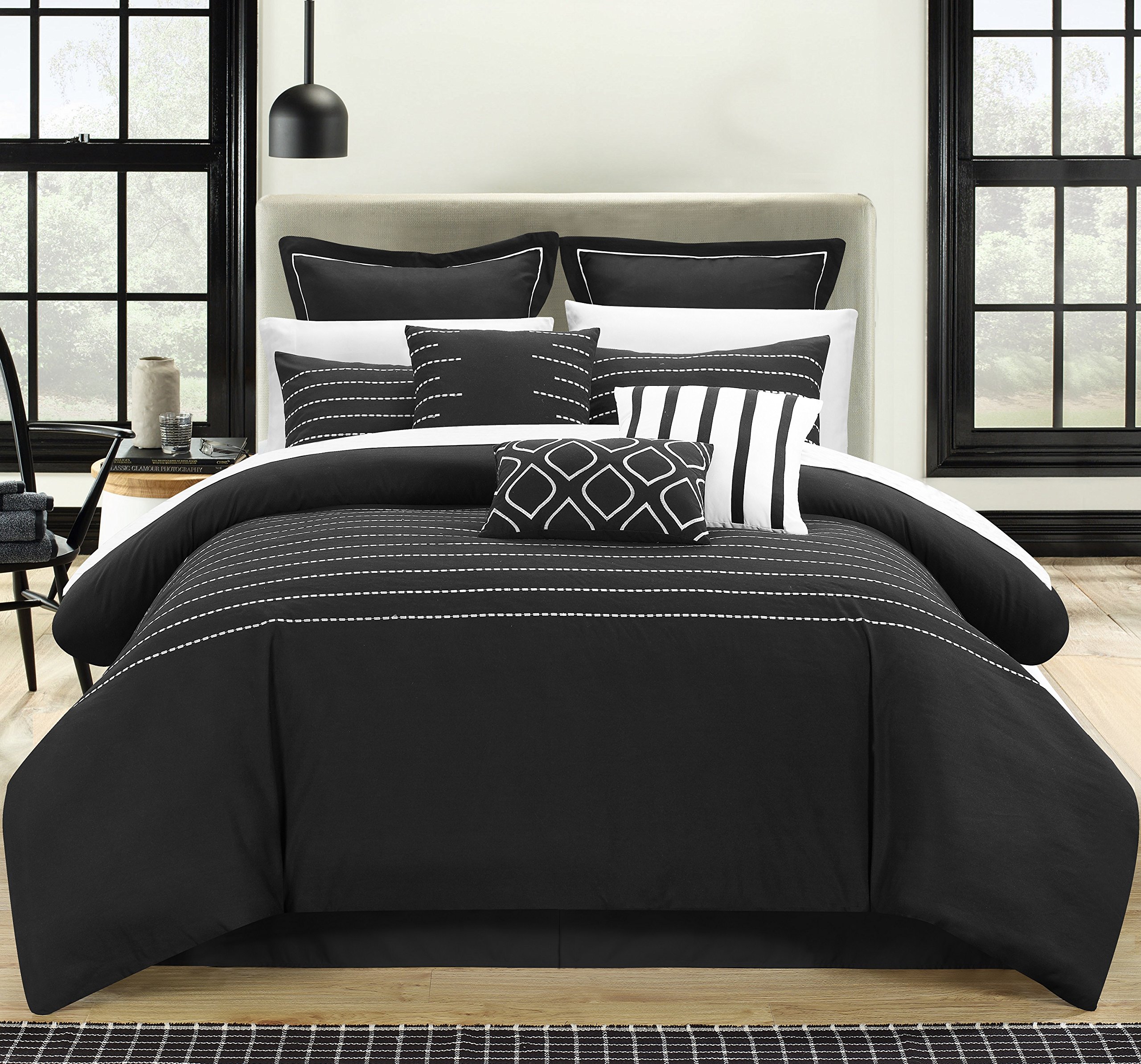 Chic Home CS3962-AN Brenton Super Rich Microfiber Stitch Embroidered 9-Piece Comforter Set - Queen Size, Black | Luxury Bedding for Master Bedroom & Guest Room Decor
