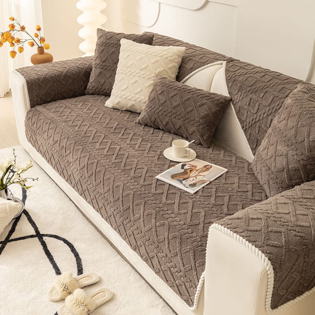 VCTOPS Geometric Jacquard Plush Sofa Cover - Non-Slip Farmhouse Style Sectional Couch Slipcover in Neutral Brown (28x28 inches) - Soft Warm Furniture Protector for Pets, Kids & Dogs - Perfect for Living Room, Family Room & Pet-Friendly Homes