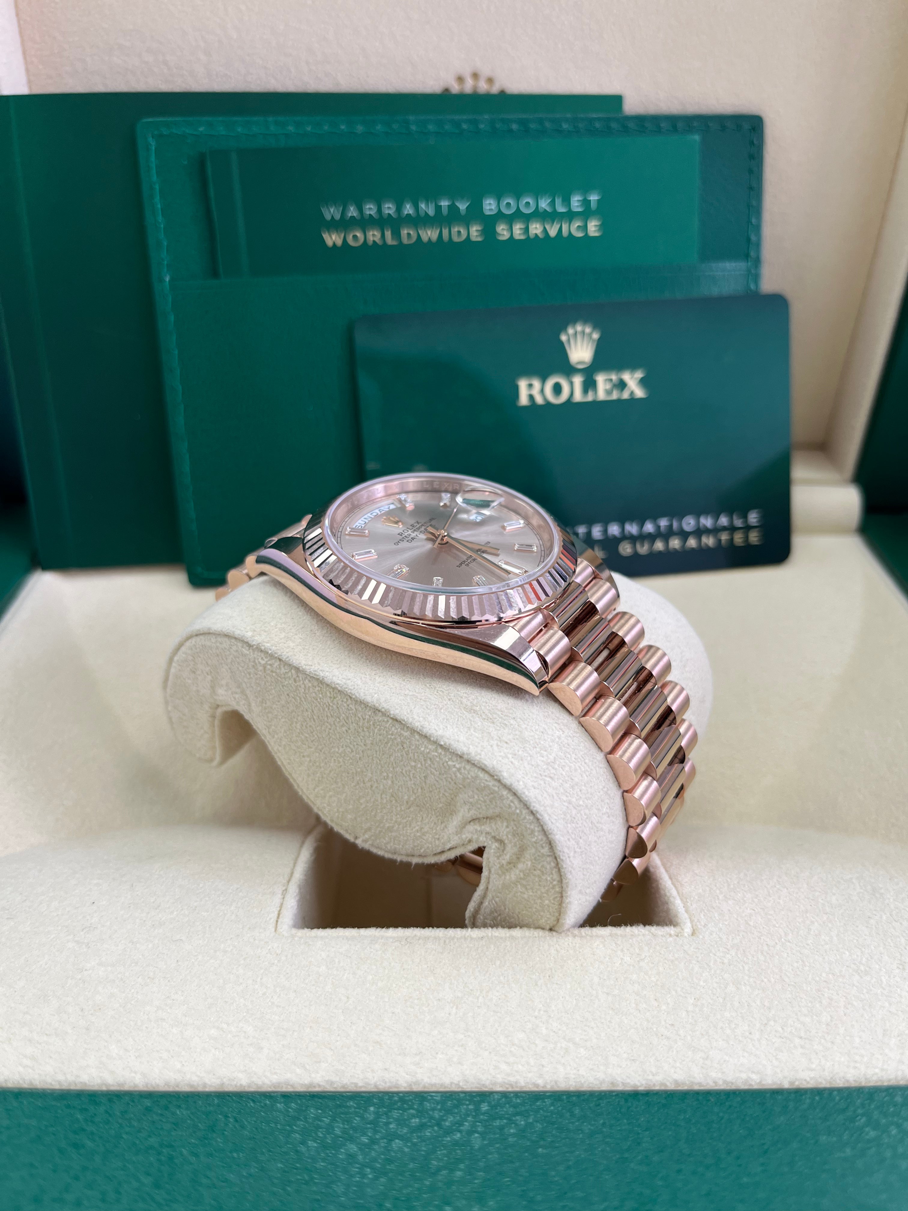 Rolex Day Date 40 Watch - 18K Yellow Gold, Fluted Bezel, Sundust Baguette Diamond Dial, President Bracelet 228235 | Luxury Dress Watch for Business & Formal Occasions