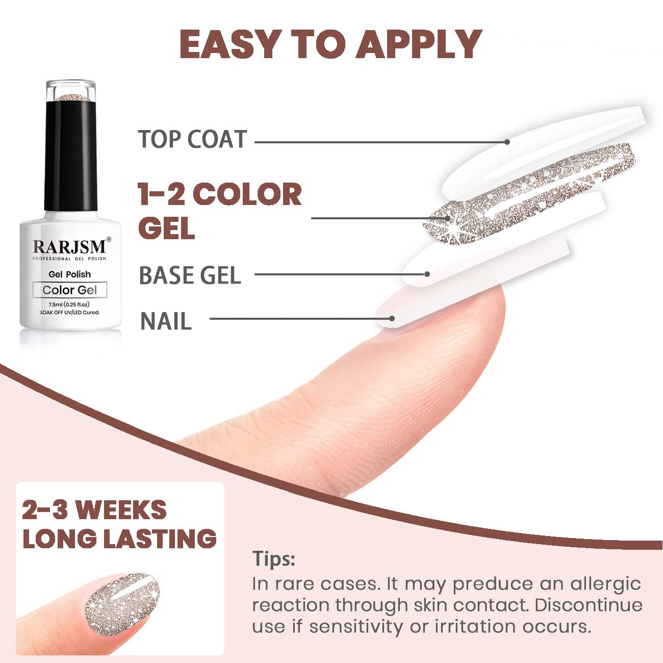 RARJSM Reflective Glitter Gel Polish - Sparkly Nude Brown for Winter Nails | UV LED Curing for DIY & Salon Use