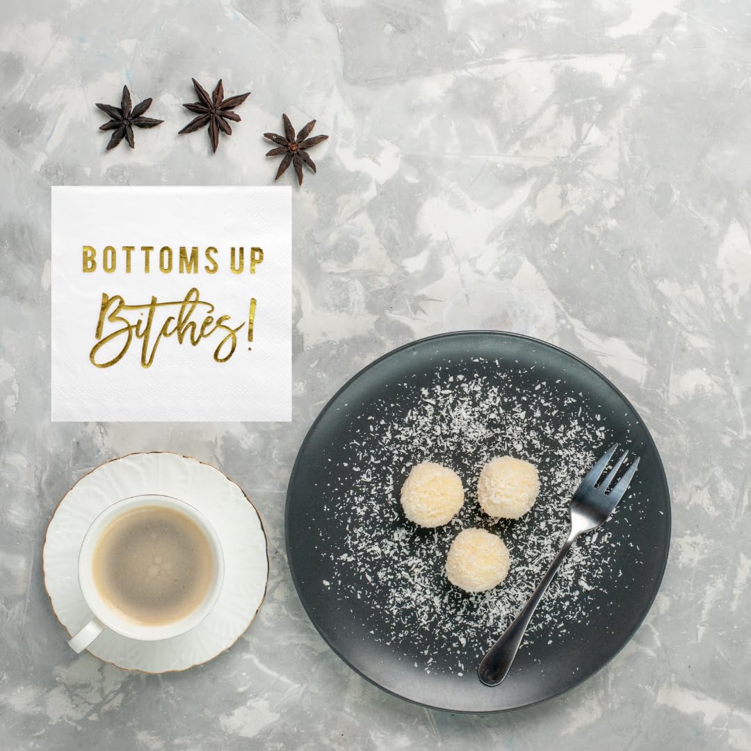 Funny Cocktail Napkins with Gold Foil - 50-Pack 3-Ply Disposable Beverage Napkins for Parties | Birthday, Retirement, Wedding & Bridal Shower Essentials | 'Bottoms Up' Humorous Quote Design | Perfect for Bar, Home Entertaining & Special Events
