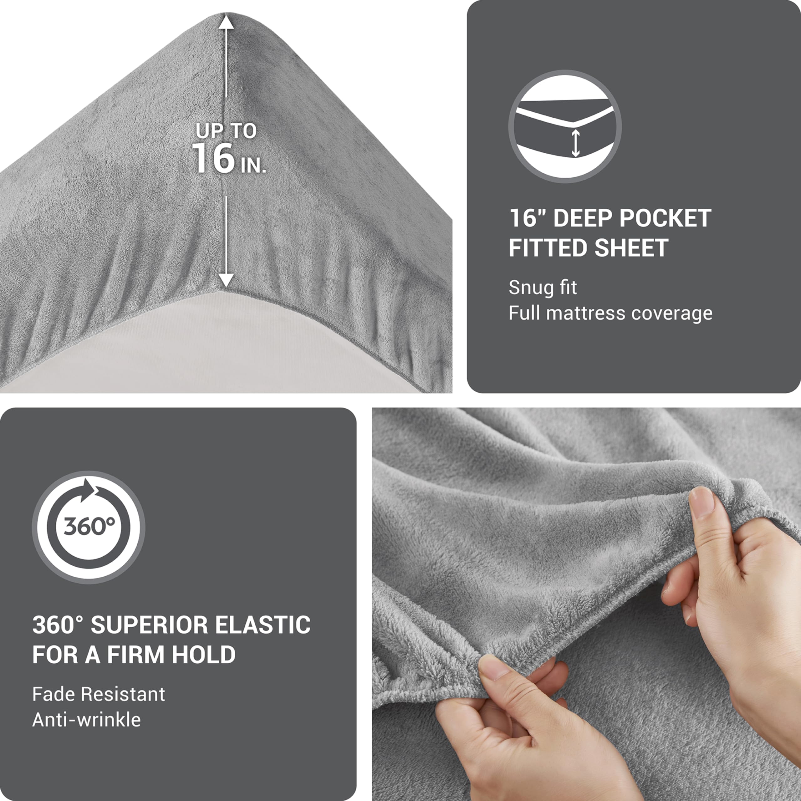 True North by Sleep Philosophy 4-Piece Plush Sheet Set - Queen Size, Solid Grey, Ultra Soft & Warm Bedding, Deep Pocket Fits 16