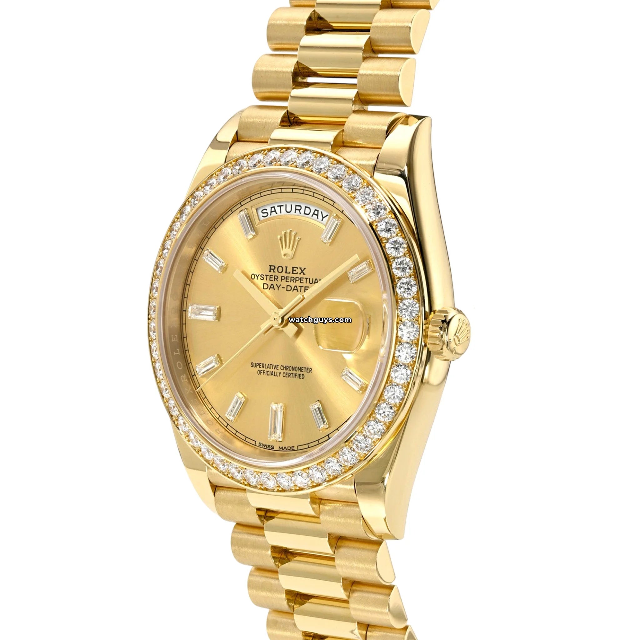 Luxury Rolex Day-Date 228348RBR 18K Gold Watch with Champagne Dial & Baguette Diamonds - Perfect for Business Meetings & Formal Events