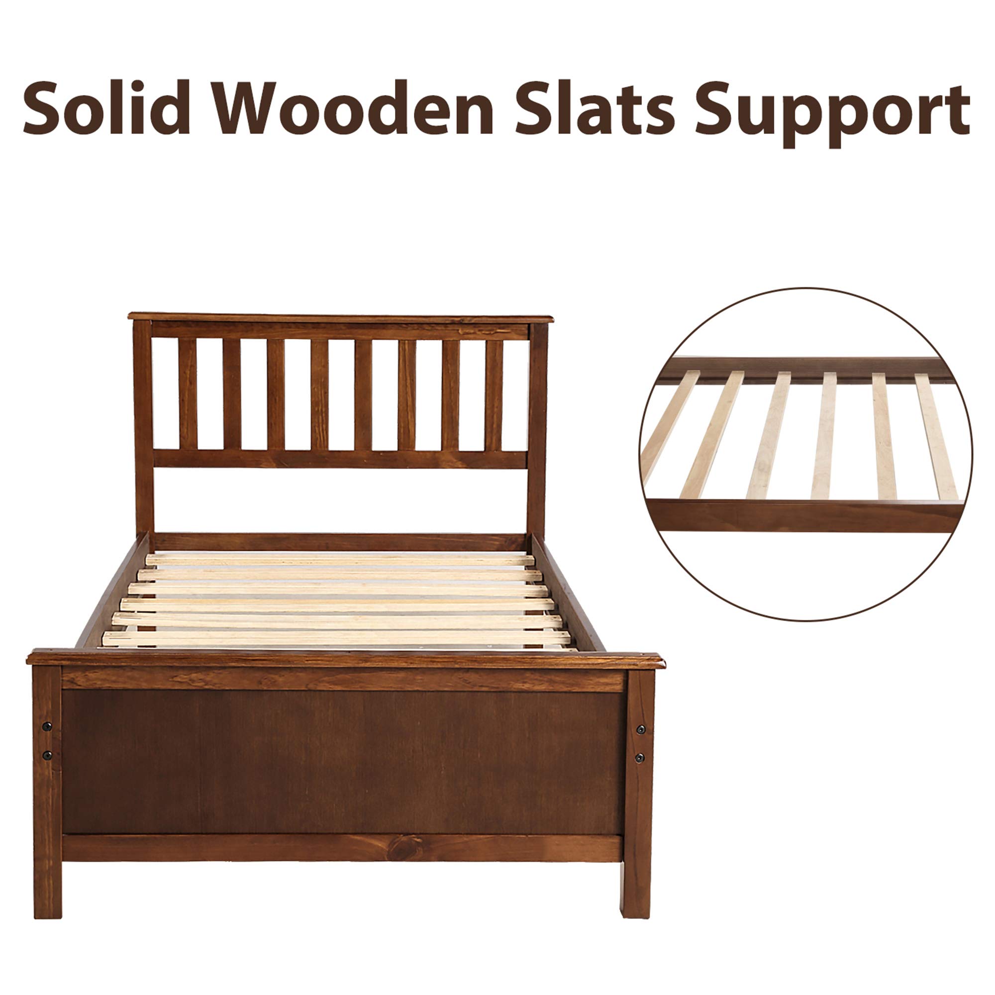 P PURLOVE Twin Size Wood Platform Bed Frame with Headboard & Footboard - Sturdy Wood Slat Support, No Box Spring Needed - Walnut Finish - Perfect for Small Bedrooms, Dorms & Guest Rooms