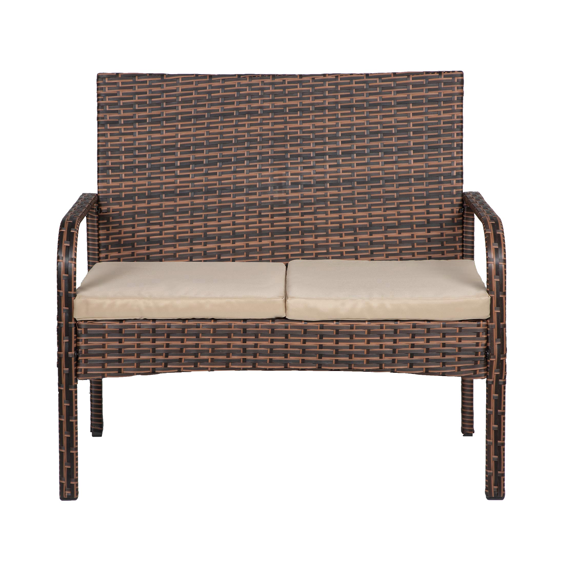 WestinTrends Roadhill 4-Piece All-Weather PE Rattan Patio Furniture Set - Brown & Beige Wicker Loveseat with Tempered Glass Coffee Table - Perfect for Outdoor Garden, Poolside, and Backyard Relaxation