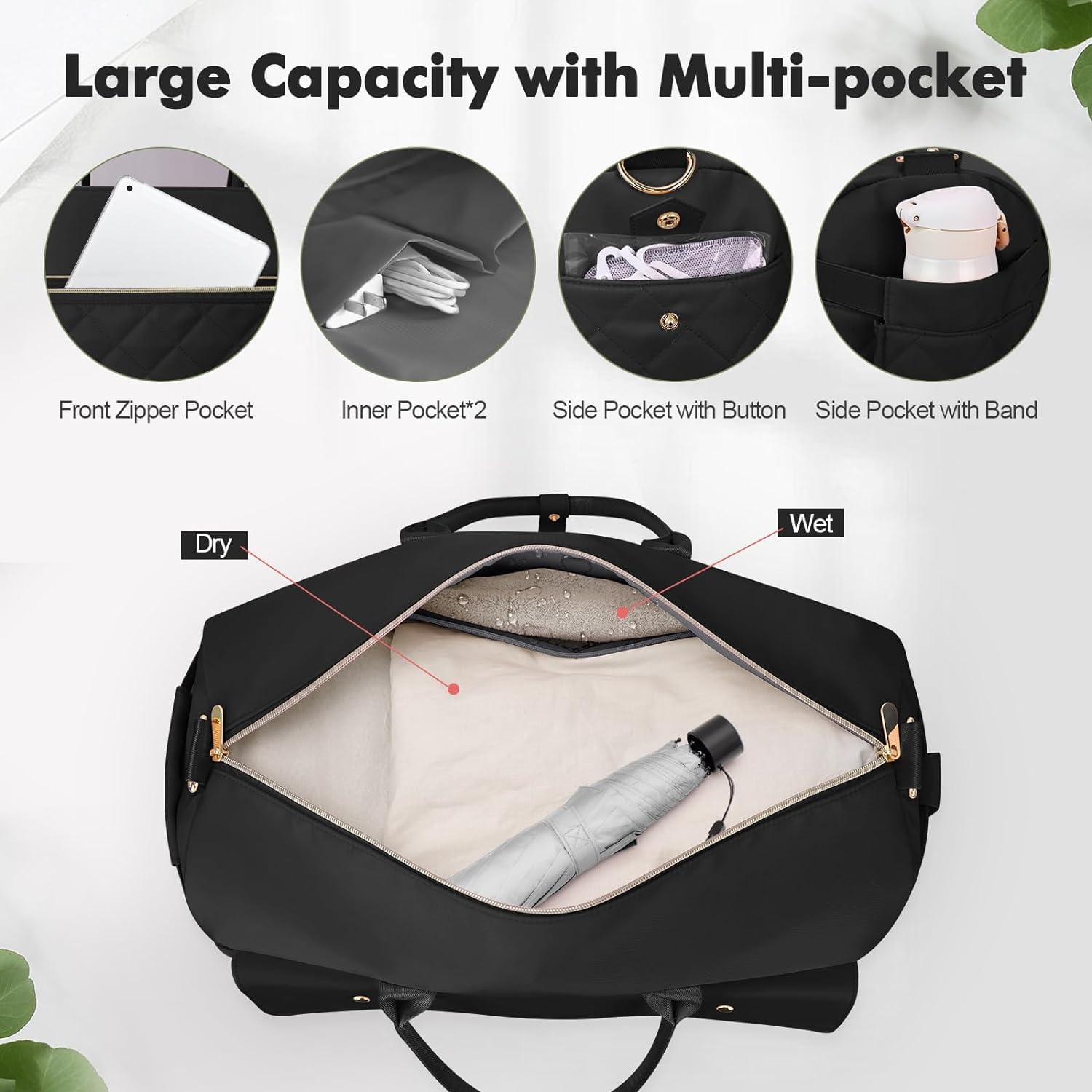 Wedama Extra Large Weekender Bags for Women - Travel Duffel Bag with Shoe Compartment & Toiletry Pouch | Carry-On Overnight Bag for Gym, Camping, Hospital | Perfect for Weekend Getaways, Business Trips & Sports Activities (Black)