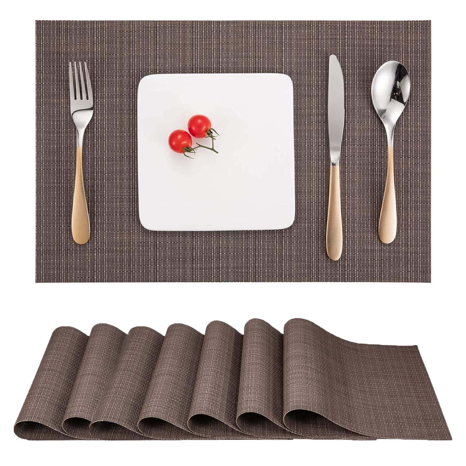 Myir JUN Set of 8 Washable Non-Slip Heatproof Woven Placemats for Dining Table - PVC Fabric Table Mats for Indoor Use (Coffee Color) - Perfect for Everyday Meals, Dinner Parties, and Home Decor