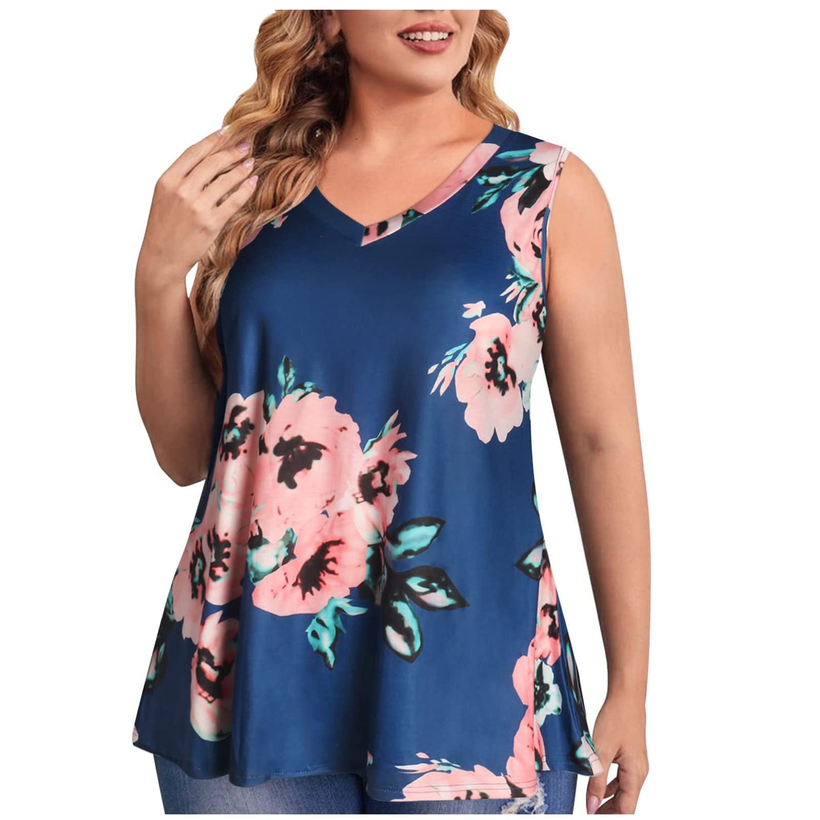 Plus Size Floral Tank Tops for Women - Summer V-Neck Blouse for Beach & Vacation