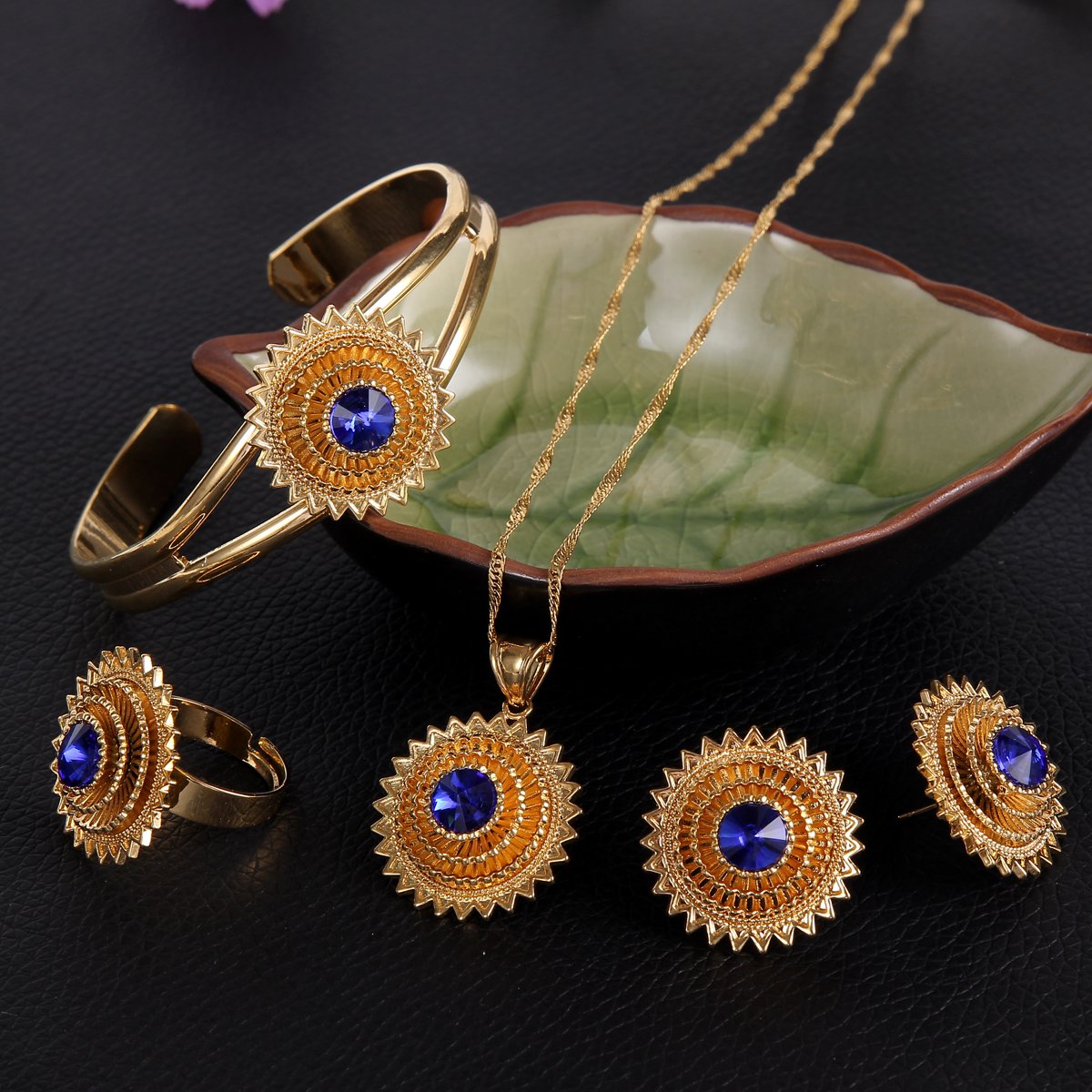 22k Gold Plated Ethiopian Jewelry Set - Cooper Plated Pendant, Chain, Earrings, Ring & Bangle - African Wedding Stone Jewelry for Brides, Cultural Events & Special Occasions