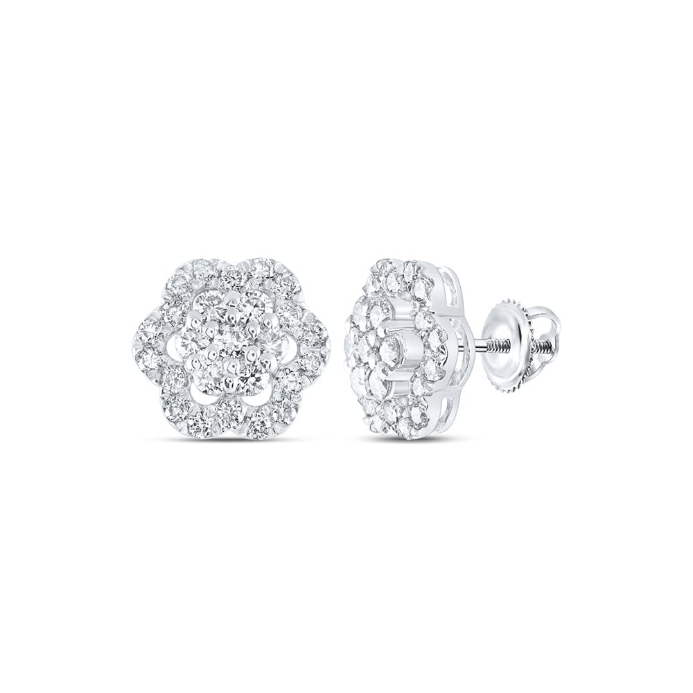 10K White Gold Round White Diamond Flower Cluster Earrings for Women - 1 CTTW Dazzlingrock Collection | Elegant Gift for Anniversary, Wedding & Special Occasions