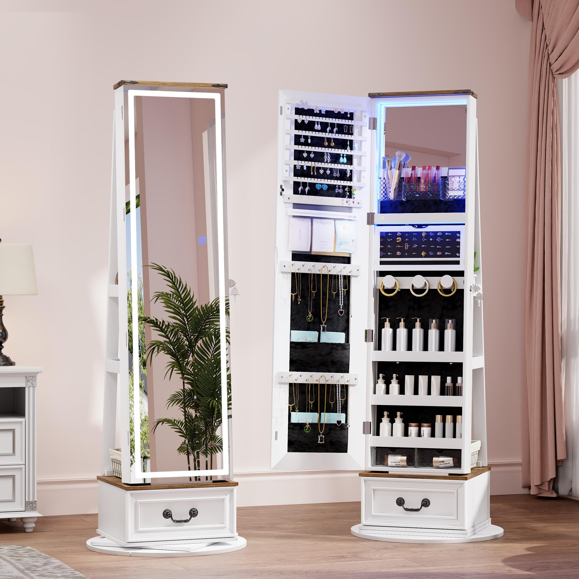 LVSOMT LED Mirror Jewelry Cabinet Standing - 360° Swivel Jewelry Armoire with Full Length Mirror & Storage, Large Wooden Drawer Organizer for Necklaces, Rings, Earrings - Perfect Christmas Gift for Women (Farmhouse White) | Bedroom Vanity, Closet Organization, Dressing Room Decor