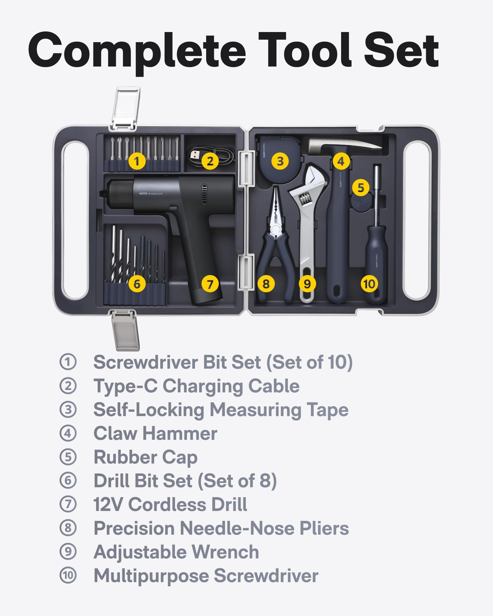 HOTO 12V Brushless Cordless Power Drill Kit with LED Display - Includes Drill, 10 Bits, 8 Drill Bits, Tape Measure, Plier, Spanner, Hammer & Screwdriver - Hidden Buckle Design - Perfect for DIY Home Projects, Woodworking & Construction Work