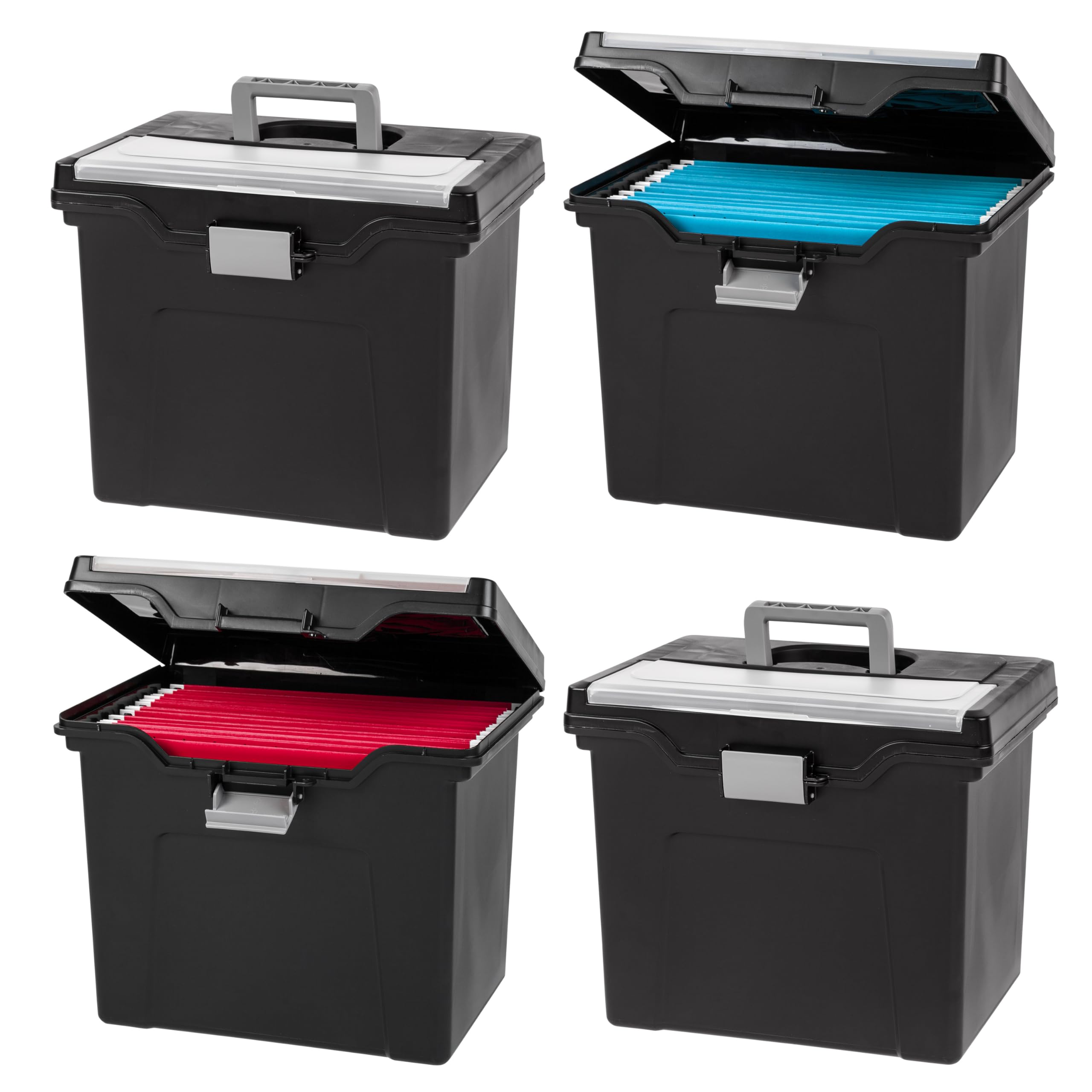 IRIS USA 4-Pack Black File Box with Lid - Water Resistant Plastic Document Organizer with Secure Buckle, Portable Handle & Lockable Design | Perfect for Office Filing, Home Organization & Document Storage