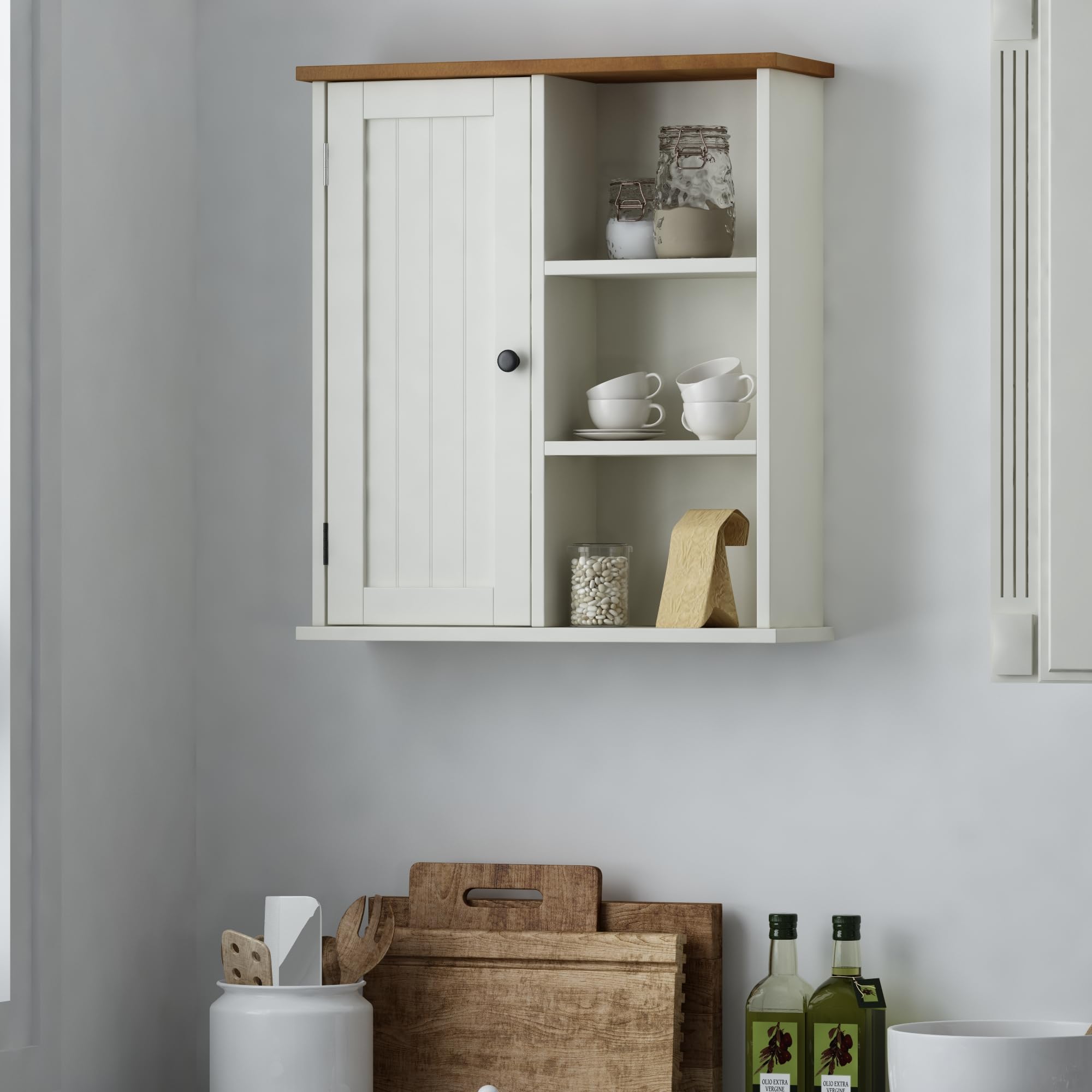 Treocho Wall Mounted Bathroom Cabinet with Door & 3 Open Shelves - Medicine Storage Organizer for Bathroom, Kitchen, Living Room & Farmhouse Decor | Perfect for Small Space Organization & Rustic Home Decor