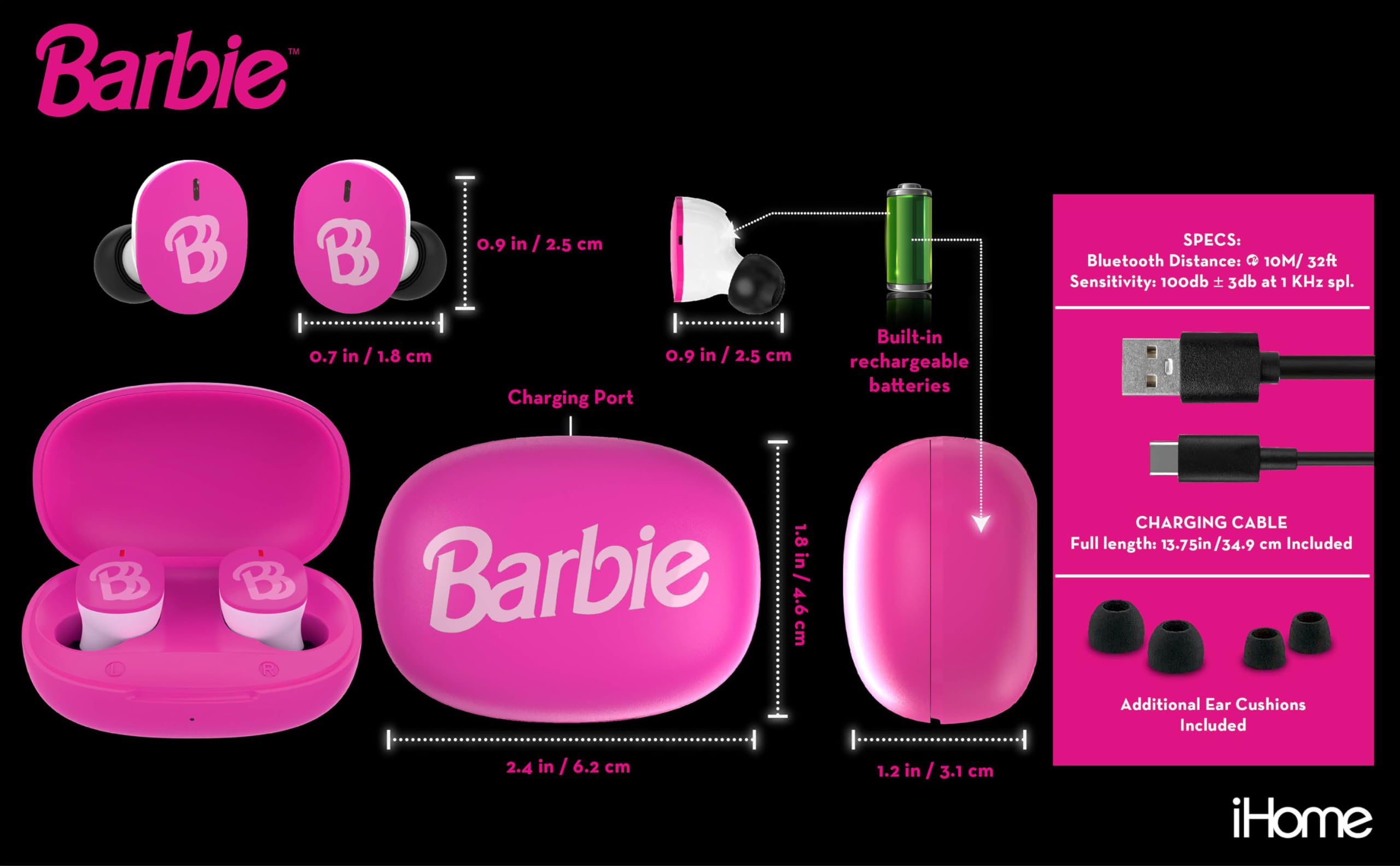 Barbie Wireless Earbuds with Microphone - Bluetooth 5.0 Headphones with Charging Case, 24H Playtime, Noise Cancelling for Kids | Perfect for School, Home, Travel & Online Learning