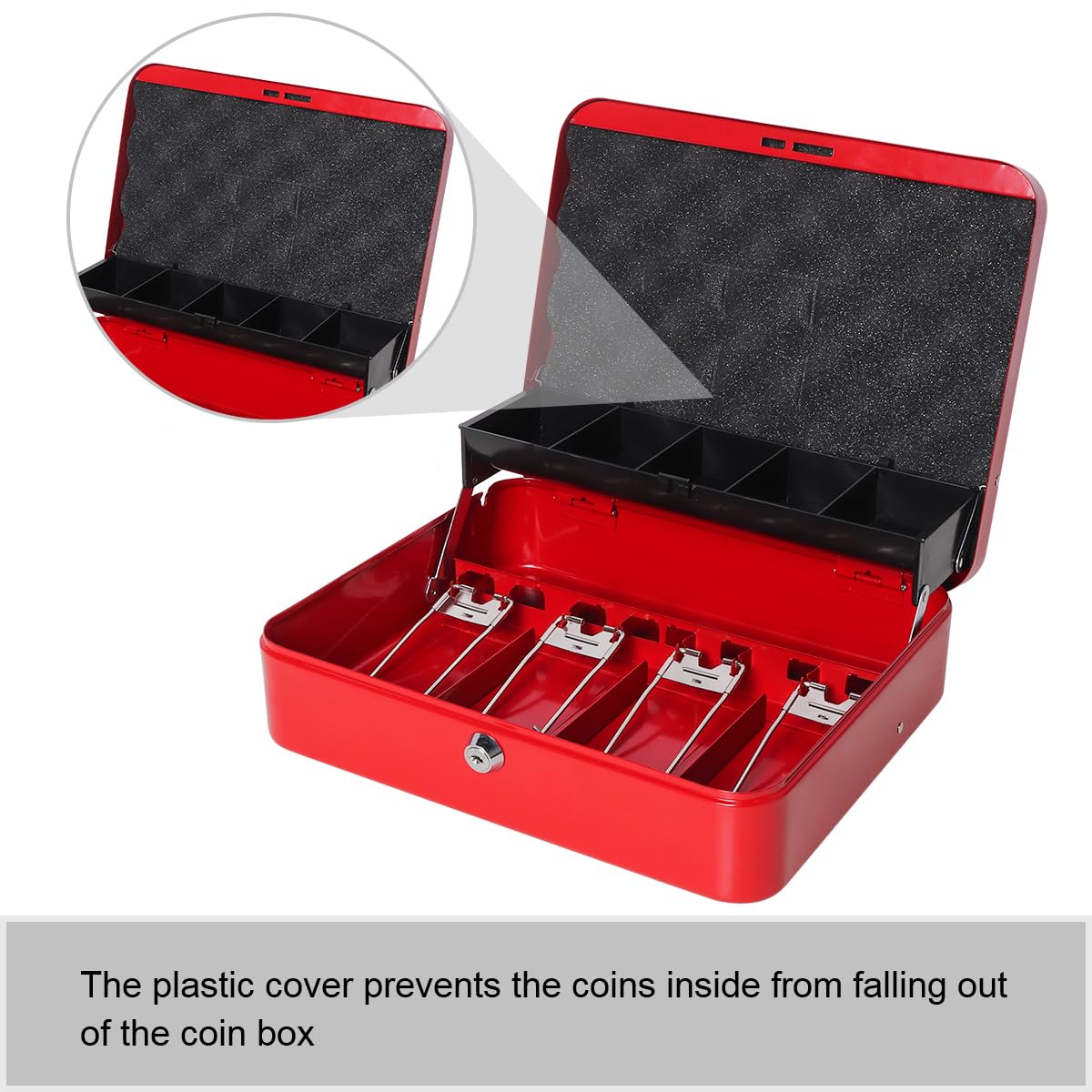 Jssmst Large Locking Cash Box with Money Tray & Security Cable - Heavy Duty Metal Money Box with Key Lock (Red) - Perfect for Home, Office, Retail Stores & Small Business Cash Management