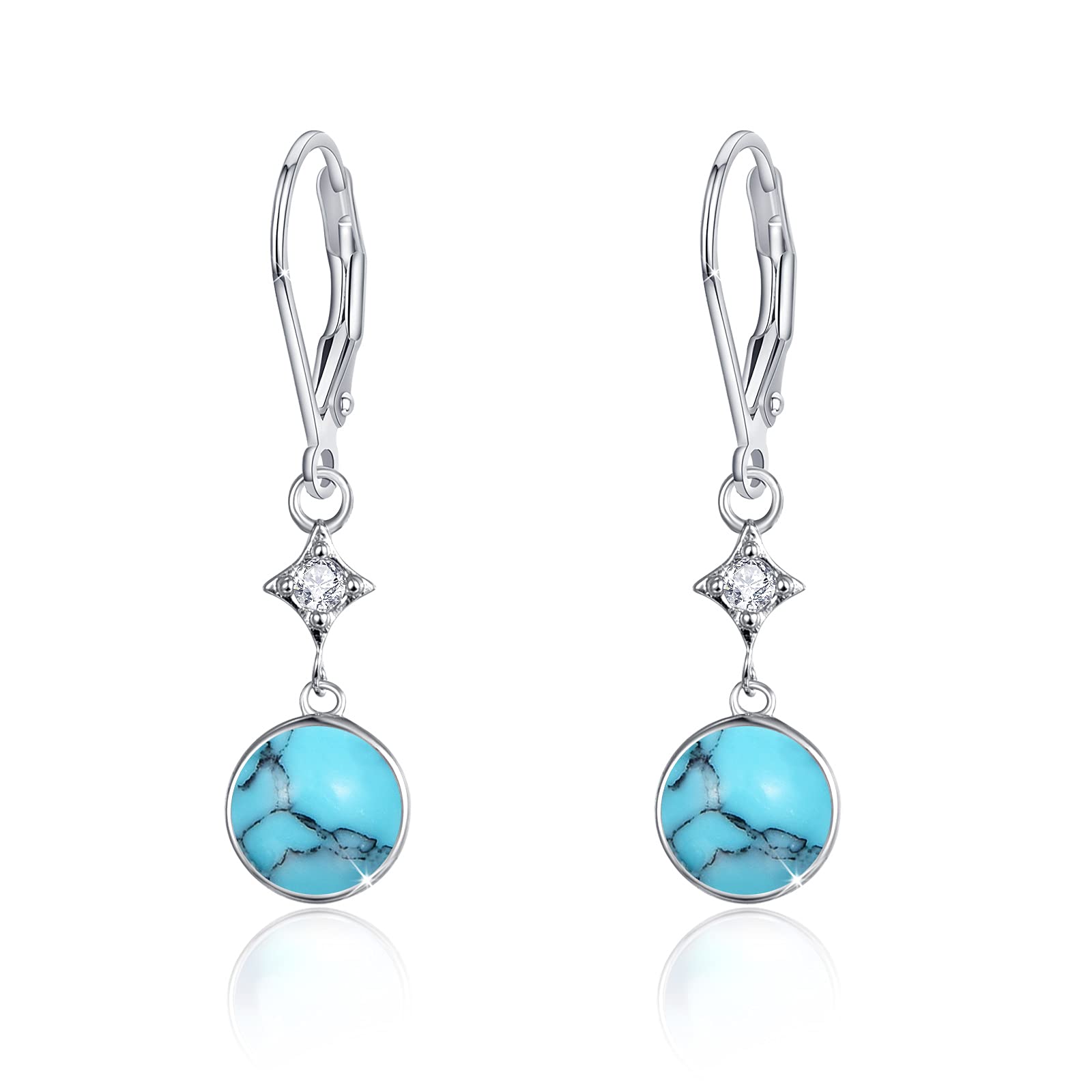 6mm Round Turquoise Leverback Earrings - Sterling Silver Drop & Dangle Hoop Earrings | Perfect for Women's Jewelry Gifts, Weddings & Everyday Wear