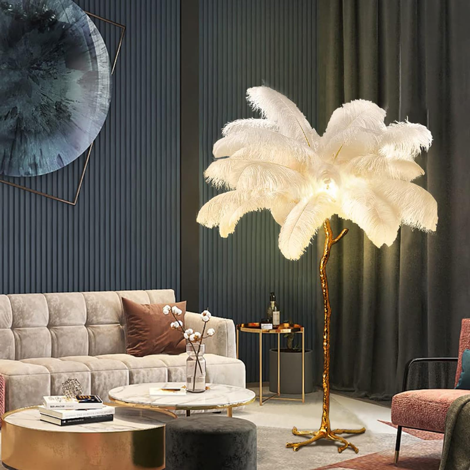 Natural Ostrich Feather Floor Lamp - Modern LED Dimmable Standing Lamp for Bedroom, Living Room & Office | 47-inch White Tall Corner Lamp for Romantic Reading & Ambient Lighting | Perfect for Princess Bedroom Decor & Dining Room Accent
