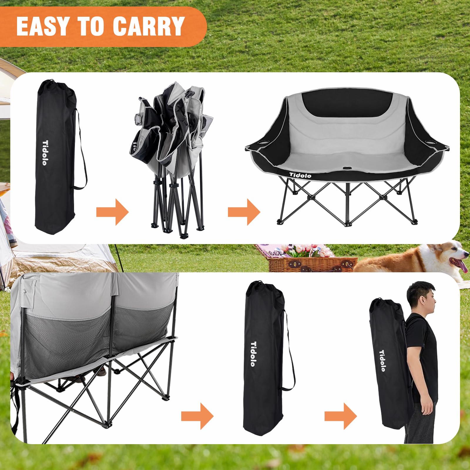**Double Camping Chairs for Adults - Oversized Folding Loveseat Outdoor Chairs with Cup Holder & Wine Glass Holder, Heavy Duty 600Lbs Capacity, Perfect for Camping, Picnics, Beach & Backyard (Grey)**