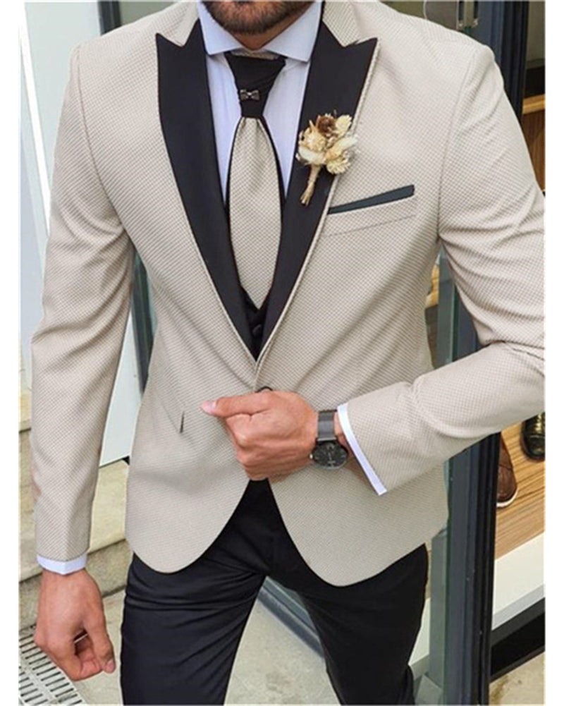 Slim Fit Beige Wedding Tuxedo with Black Satin Lapel for Men | Groom Suit & Prom Suit 2024 | Perfect for Weddings, Proms, and Formal Events - CB01120