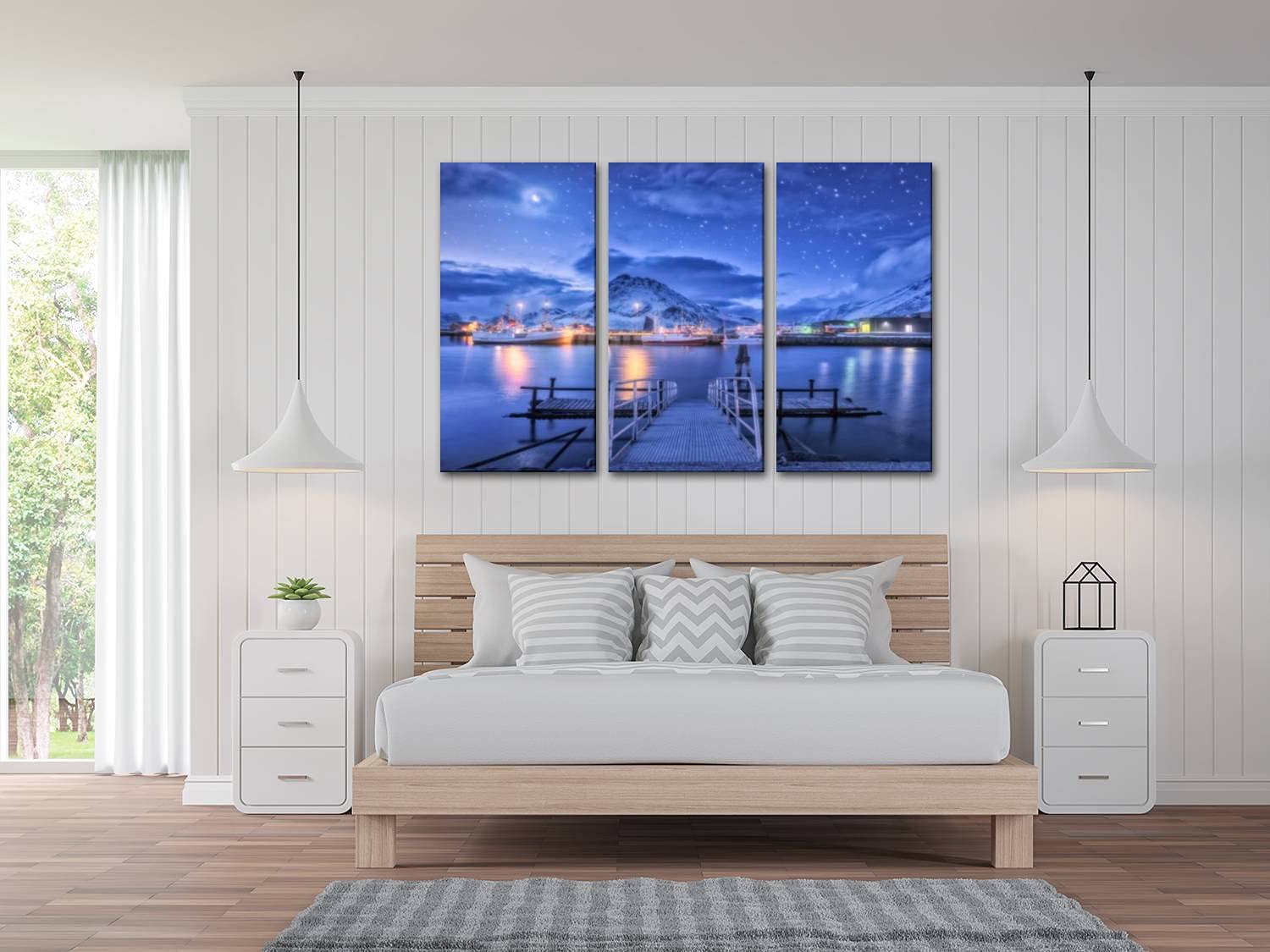 3 Panel Wall Art - Modern Canvas Prints of Fishing Boats Near Pier on Sea with Snowy Mountains & Starry Sky - Home Decor for Living Room & Bedroom - Ready to Hang - Perfect for Coastal, Nautical & Winter Themed Interior Design