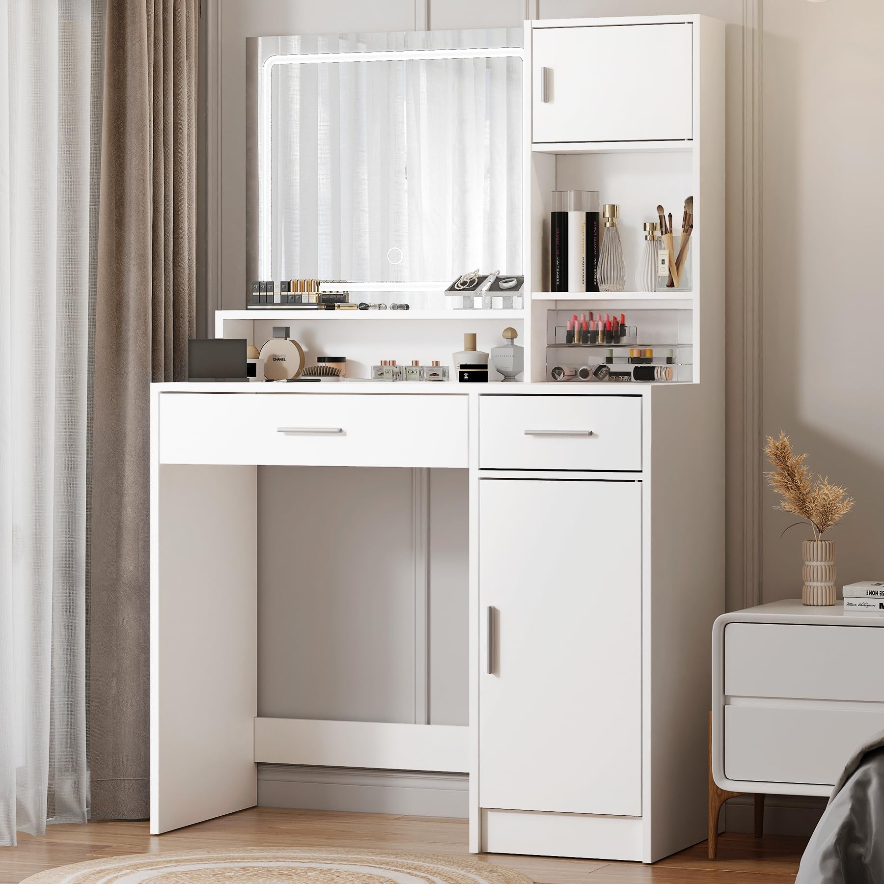 Vanity Desk with Mirror & LED Lights - Adjustable Brightness 3 Lighting Modes, Large Drawer & 3-Tier Storage Dresser for Bedroom Makeup & Dressing Area | Perfect for Home Beauty Station, Cosmetics Organization & Vanity Setup