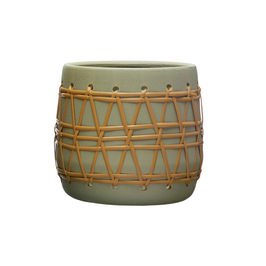 Handmade Stoneware Planter with Woven Design - Matte Celery Green - Perfect for Indoor Plants, Home Decor & Boho Style Interiors