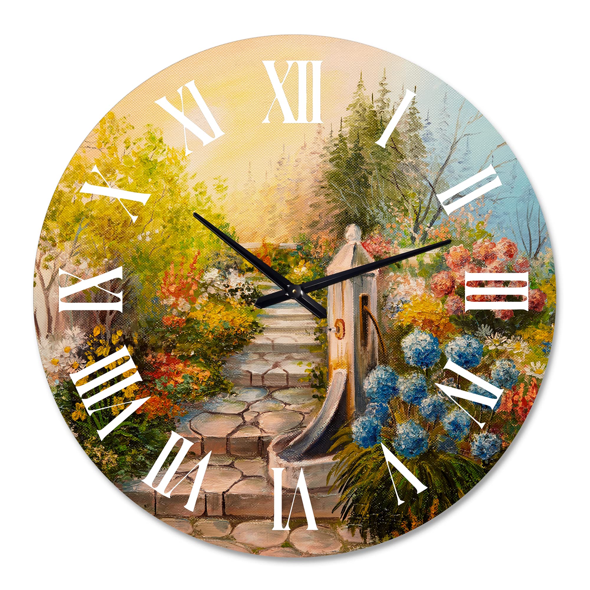 DesignQ Traditional Wall Clock 'Stone Stairs in The Blossoming Forest' - Large Landscape Nature Wall Clock for Bedroom, Living Room, Office Decor - Perfect for Home & Office Interior Design