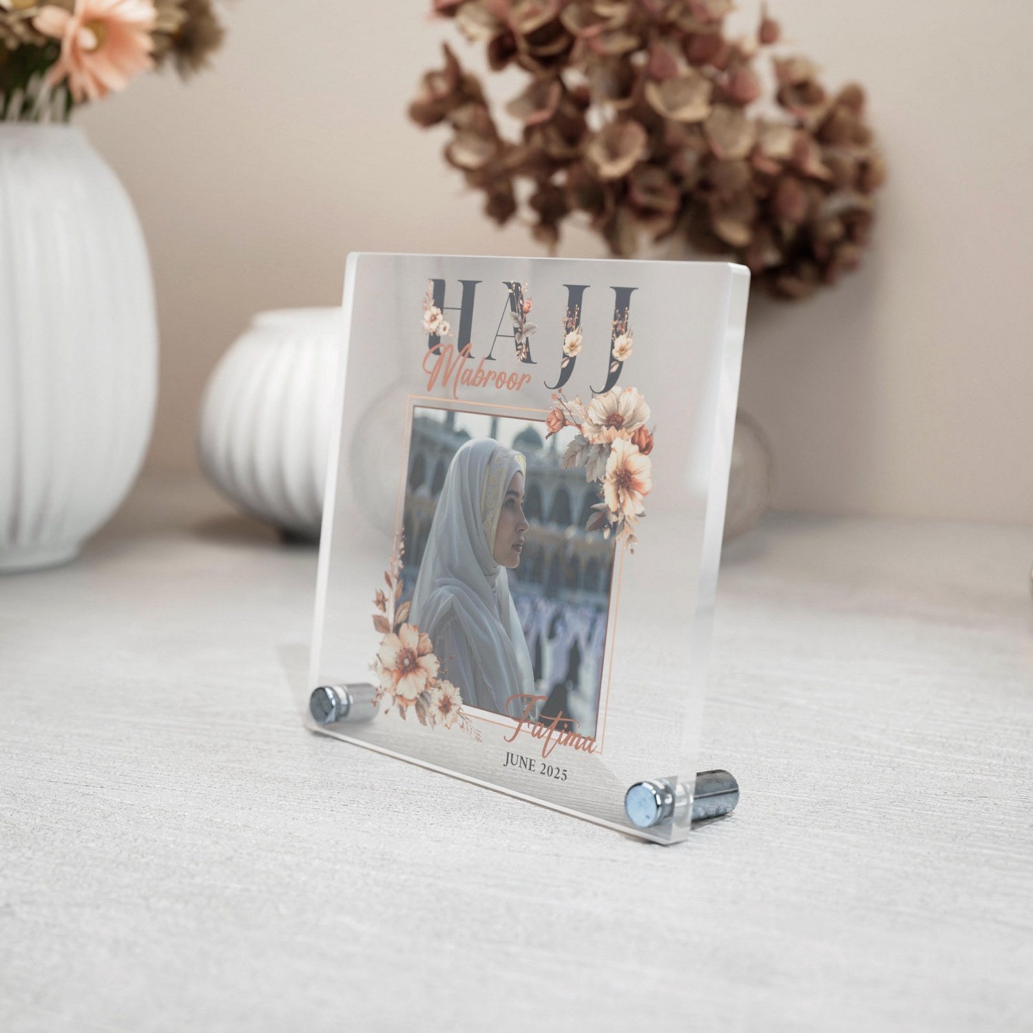 Hajj Mabroor Square Table Decor – Customizable Hajj Memory Keepsake for Islamic Home Decor, Gift & Eid Celebration