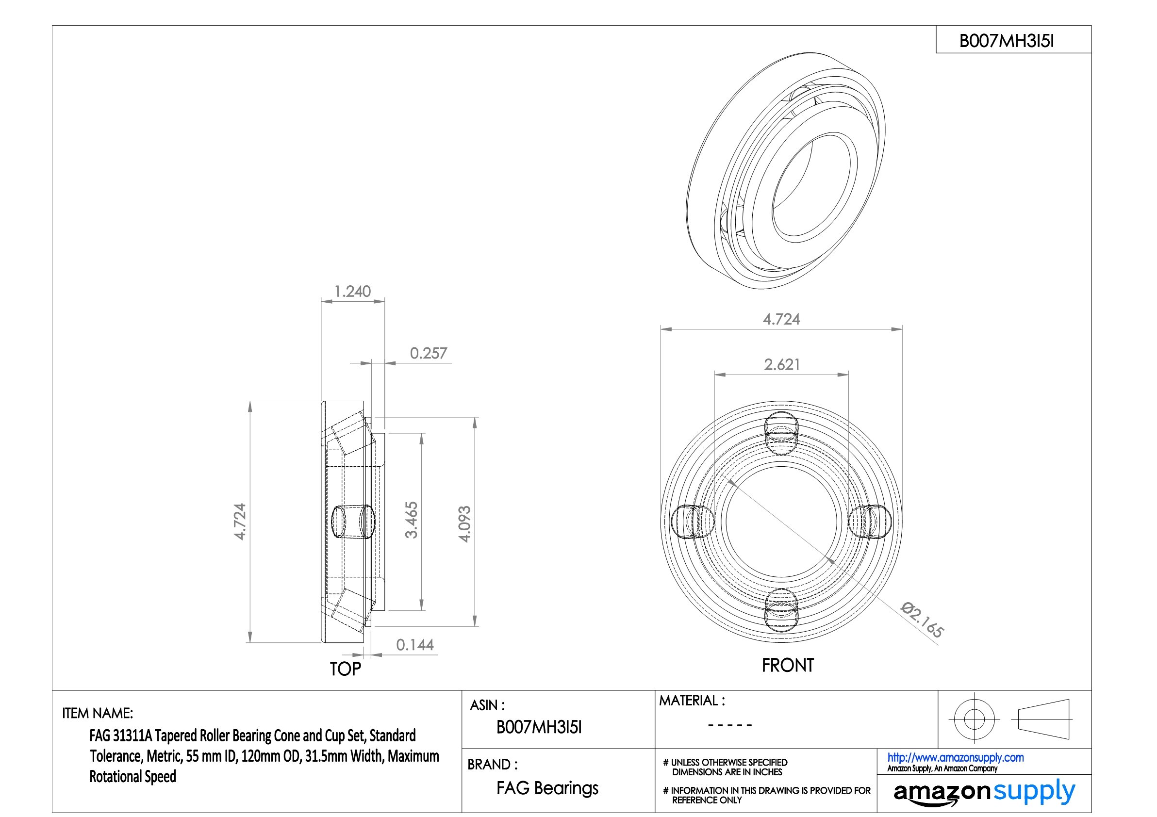 FAG 31311A Tapered Roller Bearing Cone and Cup Set - Metric 55mm ID x 120mm OD x 31.5mm Width - Standard Tolerance for High-Speed Rotation - Industrial Machinery & Automotive Applications