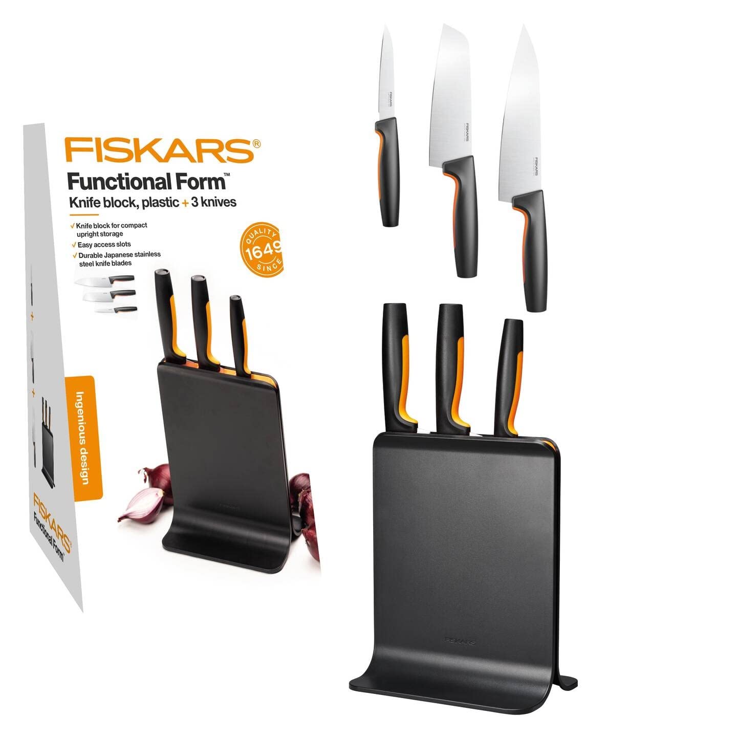 Fiskars 3-Piece Knife Set with Block - Includes Chef's, Santoku & Vegetable Knives - Ergonomic Kitchen Knives for Precise Cutting - Black Plastic Knife Holder - Perfect for Home Cooking & Meal Prep
