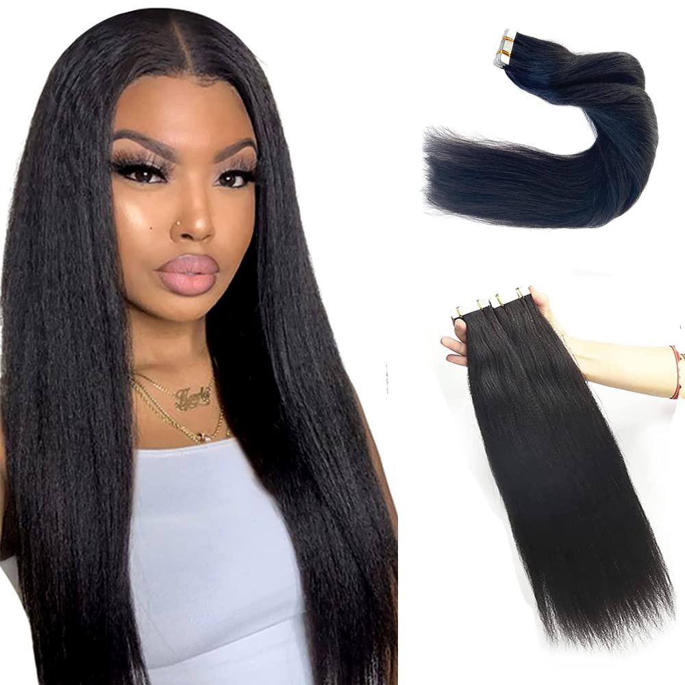 Yaki Straight Tape-in Hair Extensions 20 Inch - 20 PCS Real Human Hair (50g/Set) - Skin Weft Glue-in Extensions for Full Head (2-3 Sets) - Perfect for Volume, Length & Styling for Parties, Weddings & Daily Wear