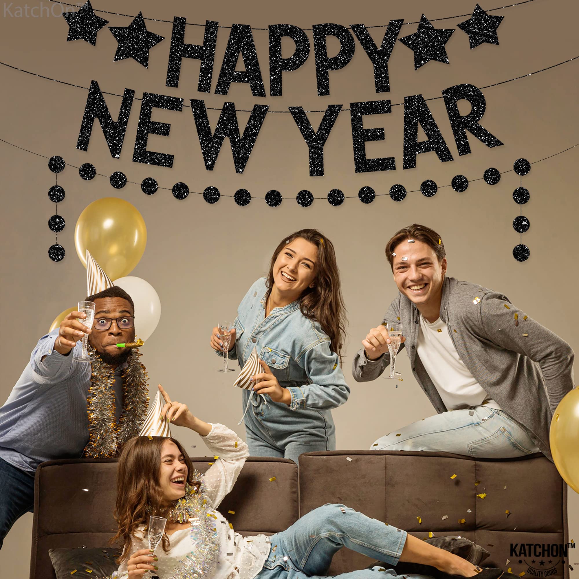 Katchon Glitter Happy New Year Banner 2025 - Black Party Decor with 2 Pre-Assembled Strings | New Year's Eve Party Supplies for Wall Decorations | Perfect for NYE Countdown, Home Celebration & Holiday Photo Backdrop
