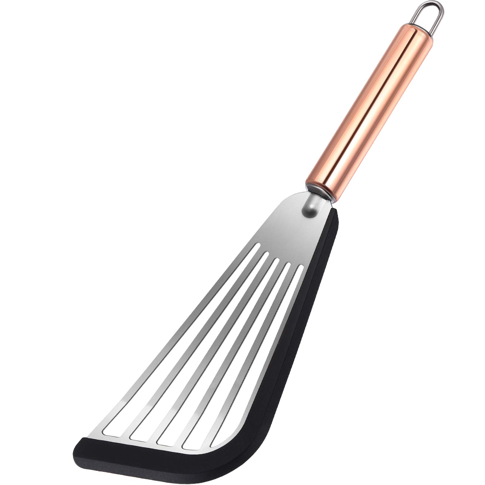 Flexible Stainless Steel Slotted Spatula with Silicone Soft Edge & Golden Handle - Perfect for Flipping Pancakes, Eggs & Burgers - Non-Stick Kitchen Turner (Black, 1-Pack)