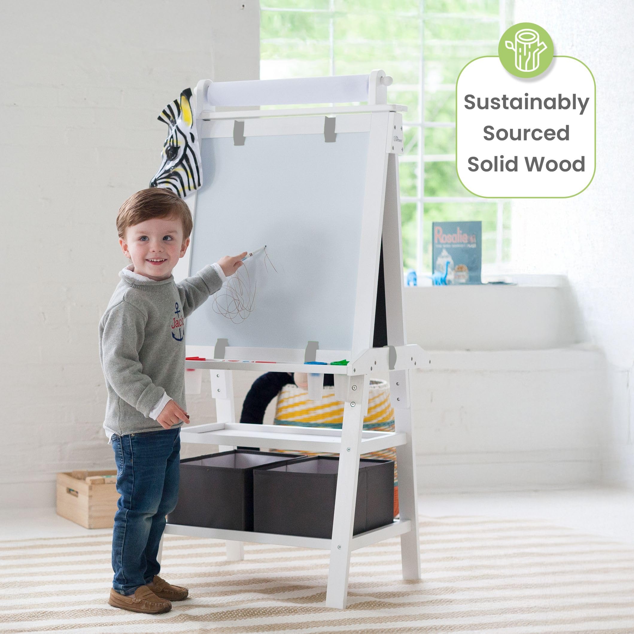 Little Partners Deluxe Learn 'N Play Toddler Easel - 2-Sided Kids Art Center with Chalkboard & Magnetic Whiteboard, Paper Roll, Storage Bins & Paint Cups (Soft White) | Perfect for Home, Preschool & Creative Play
