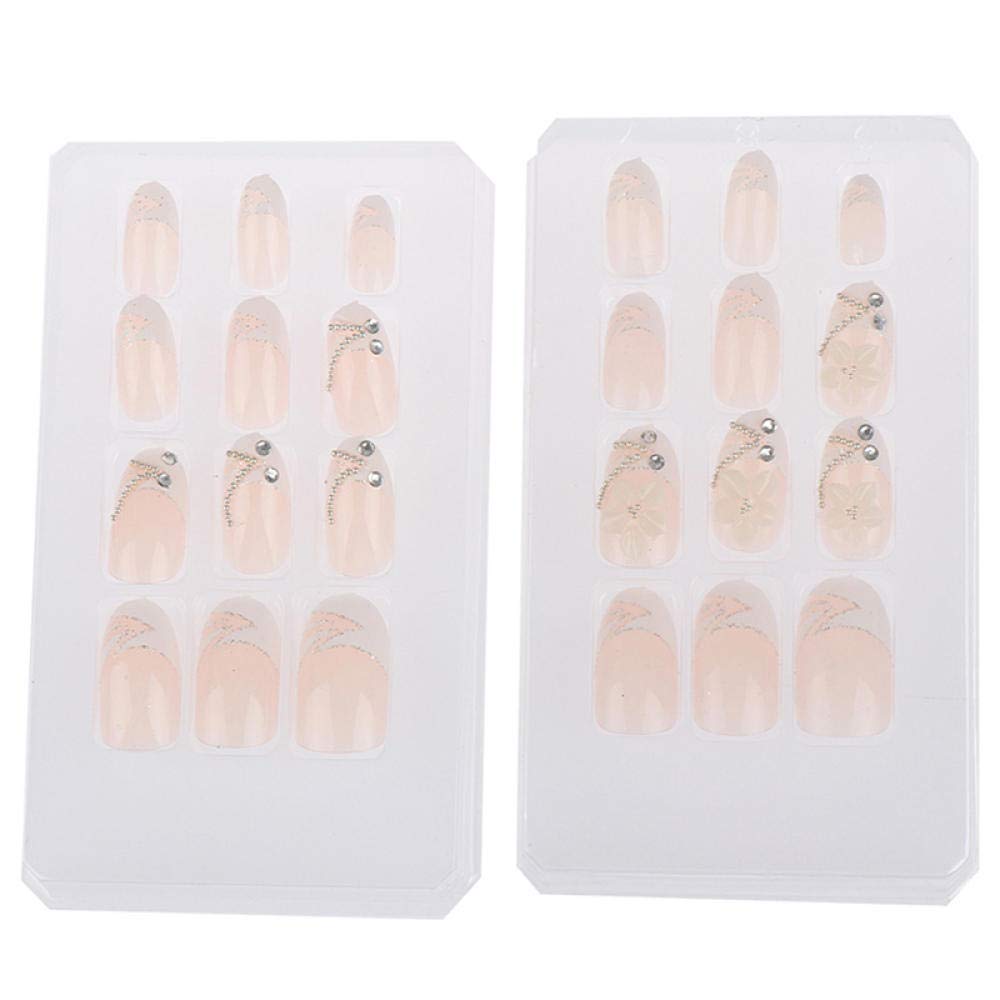 24pcs HUJL False Nails - Long Fashion Fake Nails for Women with 3D White Flower Carving | Natural Nail Art Design | Perfect for Parties, Weddings & Special Occasions